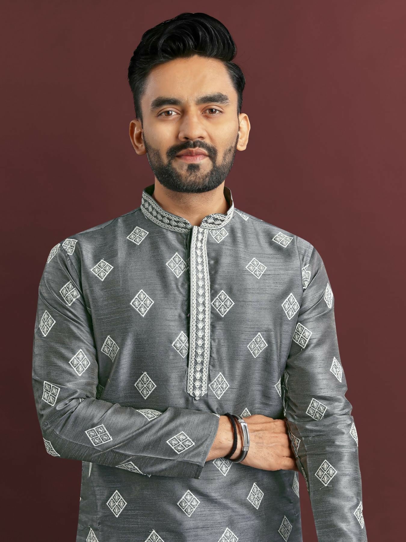 Anaita Grey Embroidered Silk Straight Kurta - Image 2