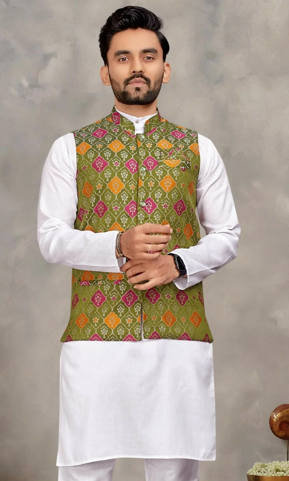 Anaita Mehendi Cotton Straight Kurta Payjama & Koti With Jequard Work - Image 2
