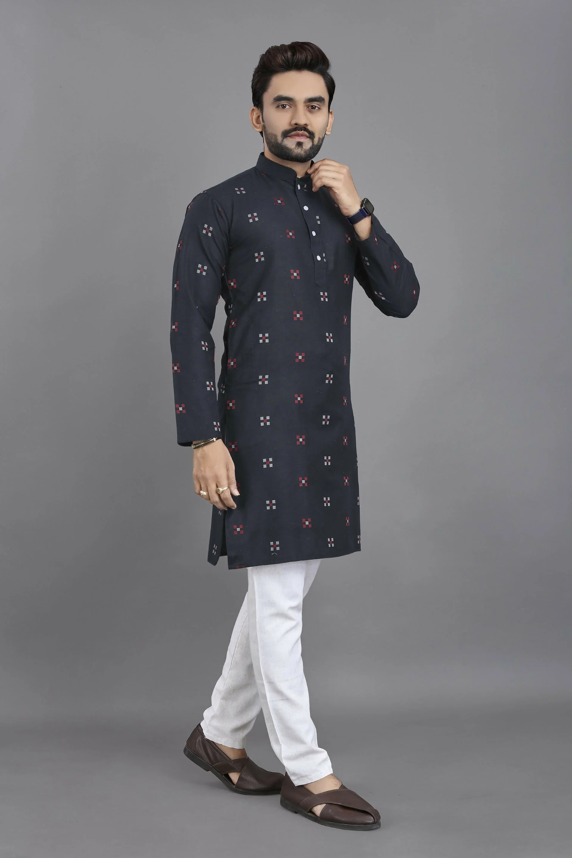 Anaita Navy Blue Weaving Linen Cotton Straight Kurta - Image 2