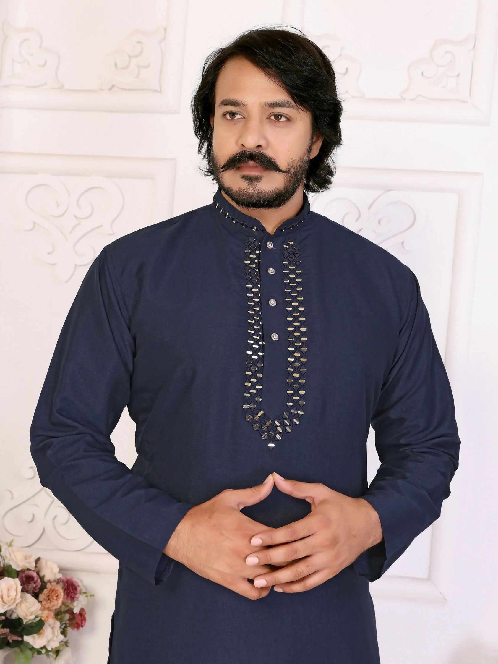 Anaita Navy Silk Straight Kurta With Neck Mirror Work - Image 2