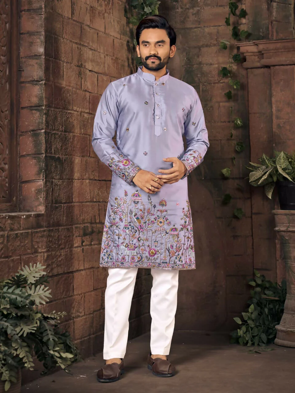 Anaita Purple Multi Thread Work Silk Straight Kurta