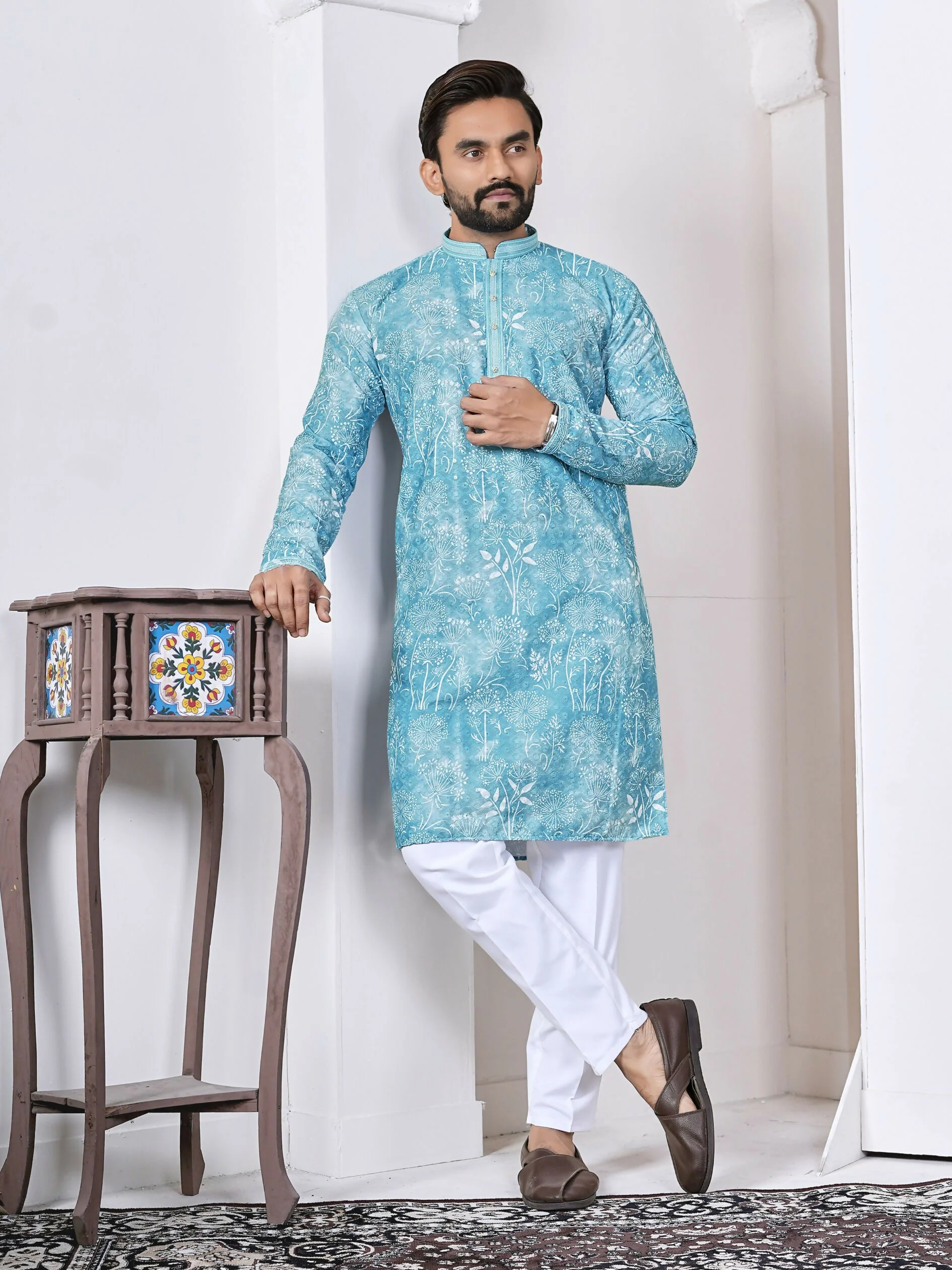 Anaita Sky Blue Digital Printed Work Cotton Straight Kurta - Image 3