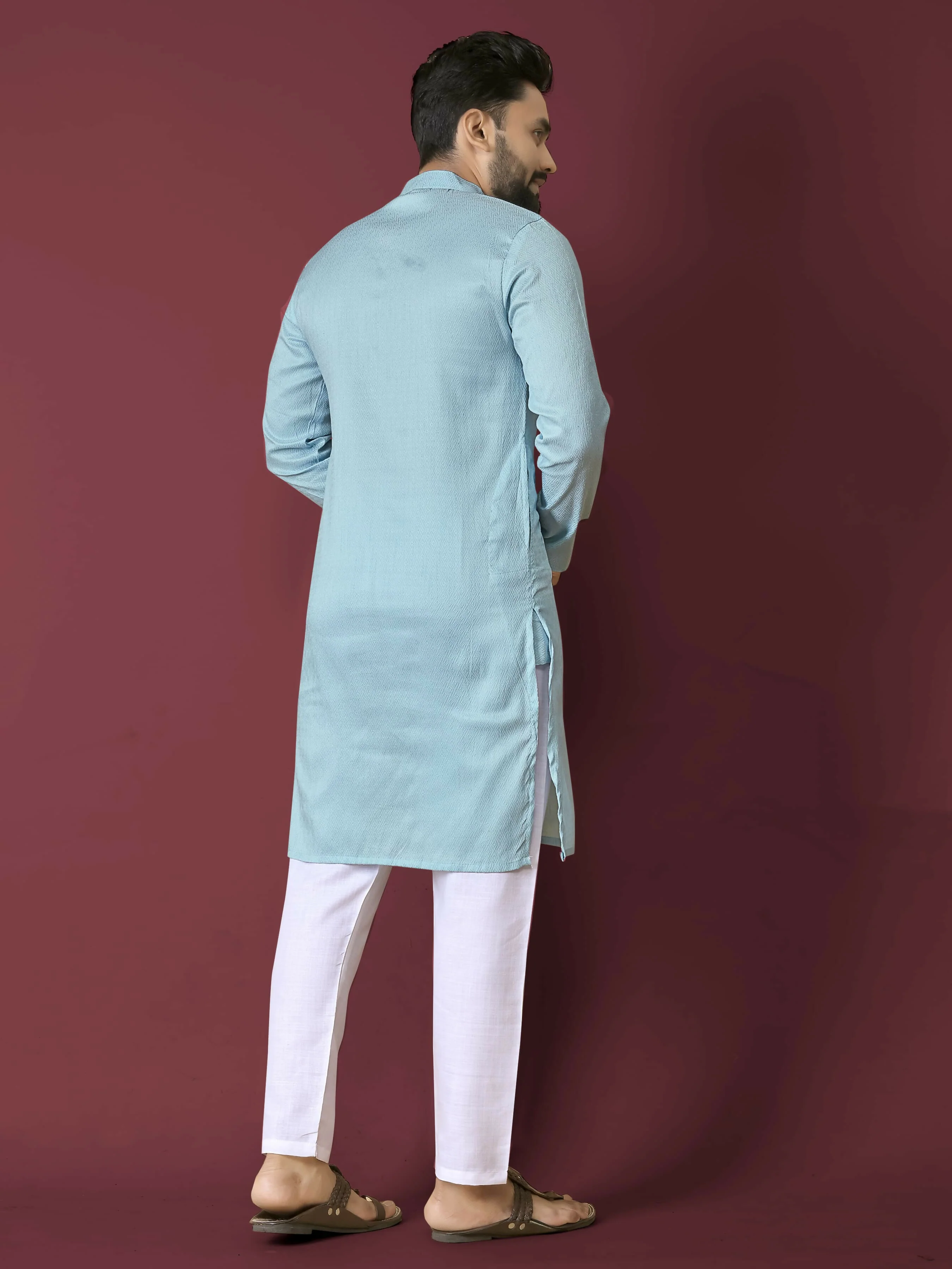 Anaita Sky Blue Solid Soft Jacquard Silk Straight Kurta - Image 3