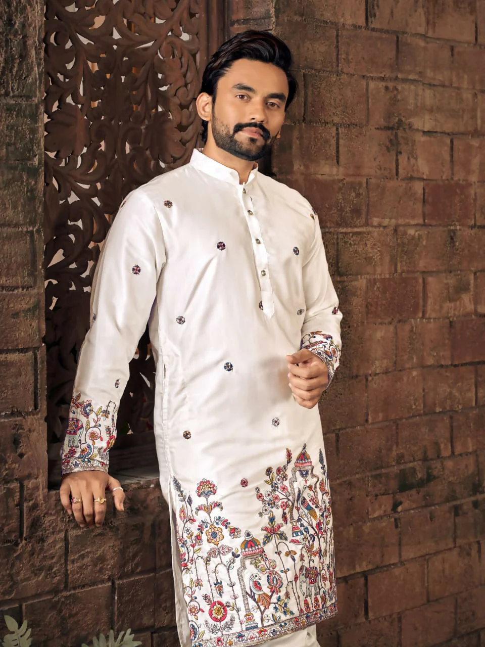 Anaita White Multi Thread Work Silk Straight Kurta - Image 2