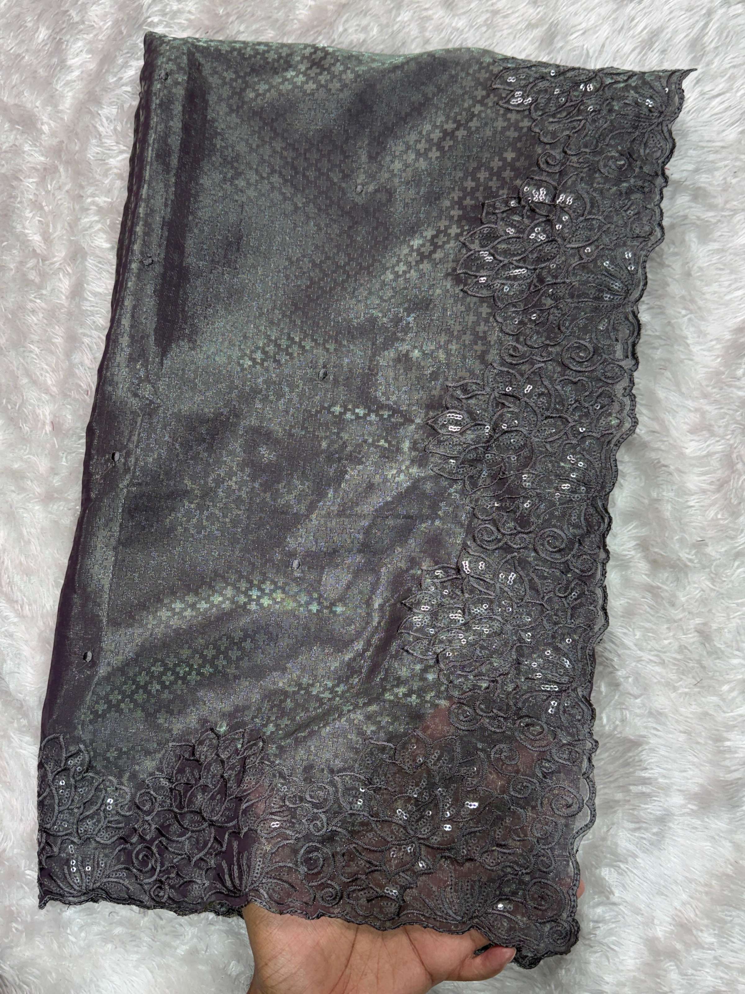 Evanik Grey Glass Satin Jecquard Weaving With Thread Sequence Work Saree With Blouse - Image 5