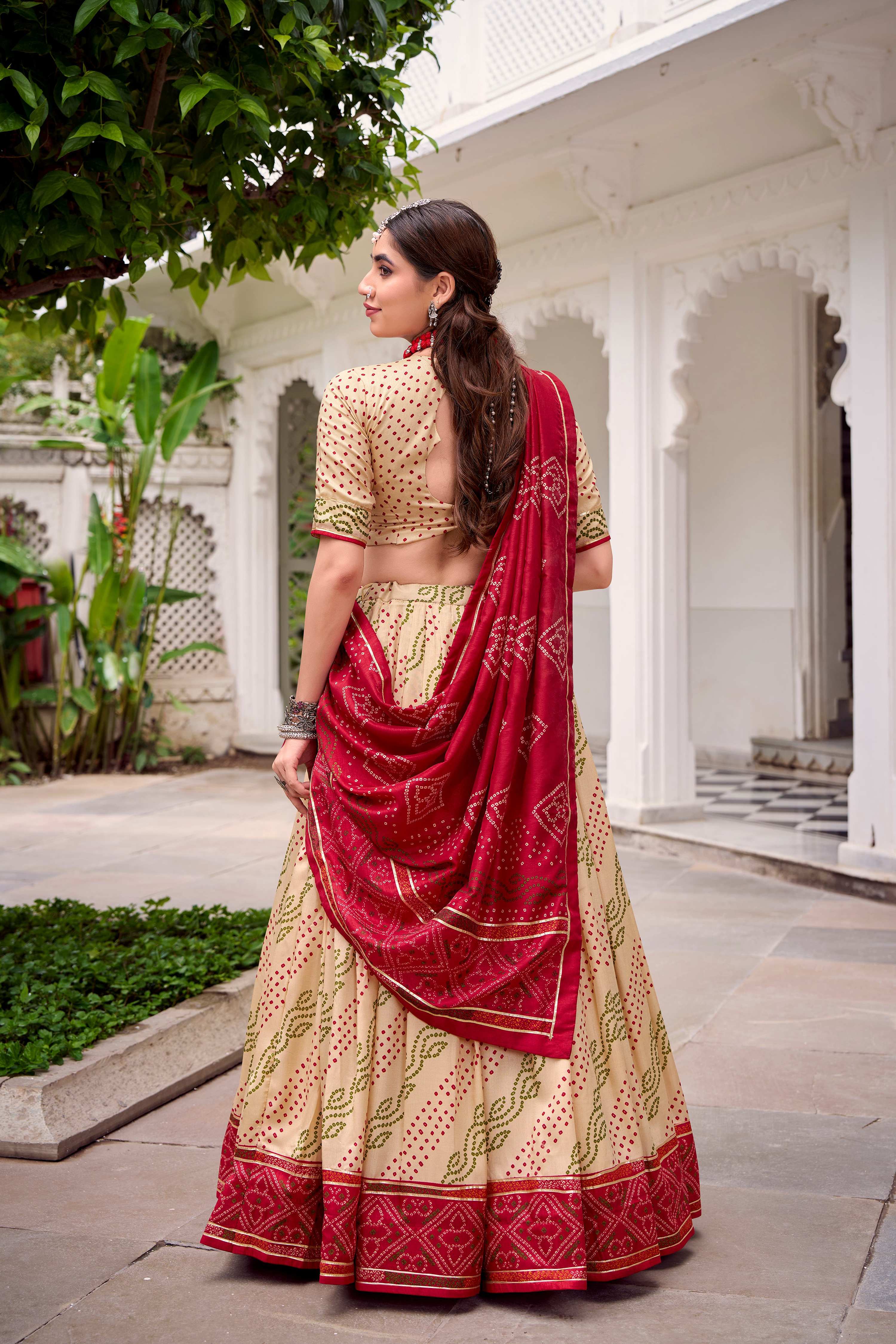 Evanik Offwhite Tassa Silk With Bandhej Print Lehenga Choli - Image 3