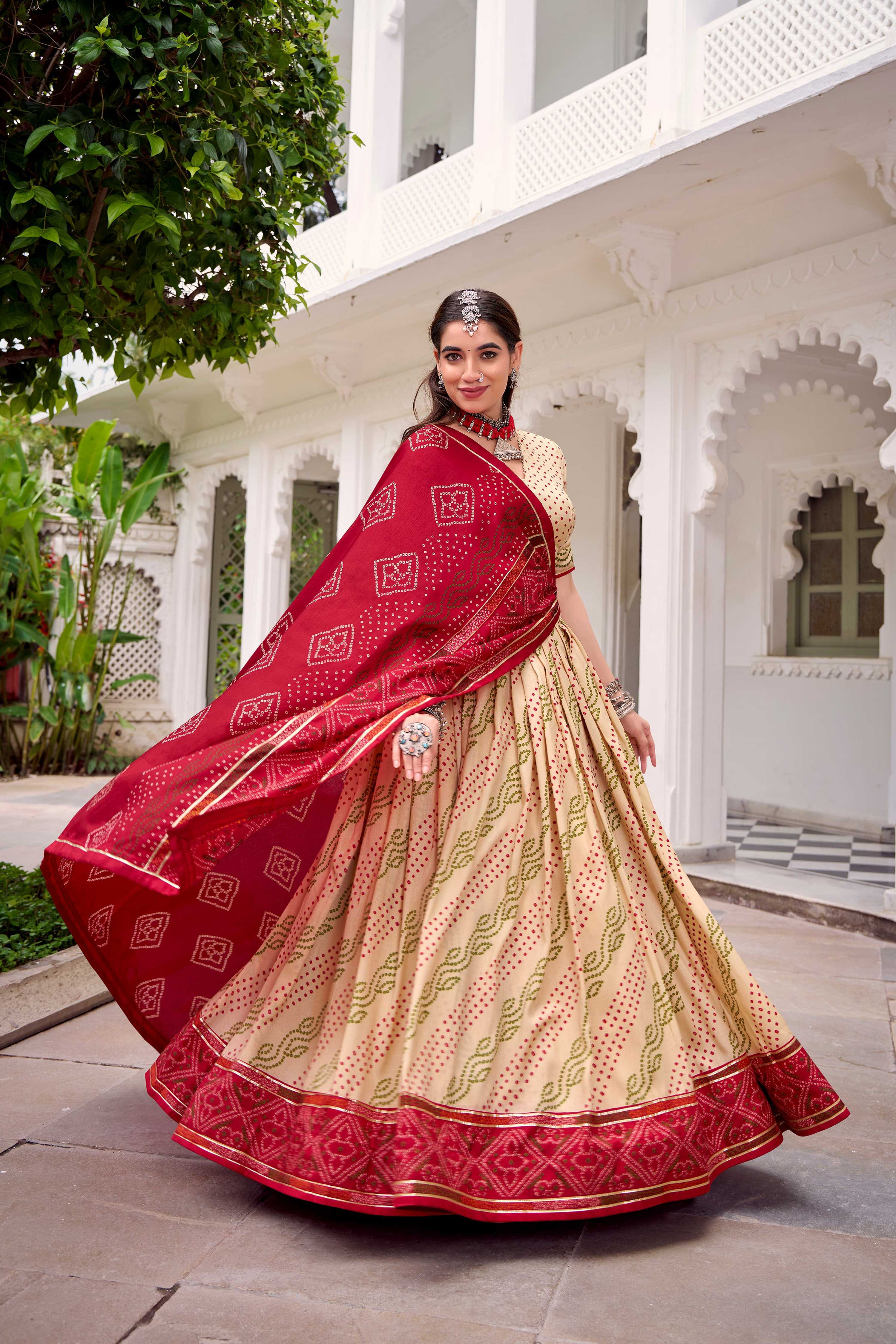 Evanik Offwhite Tassa Silk With Bandhej Print Lehenga Choli - Image 4