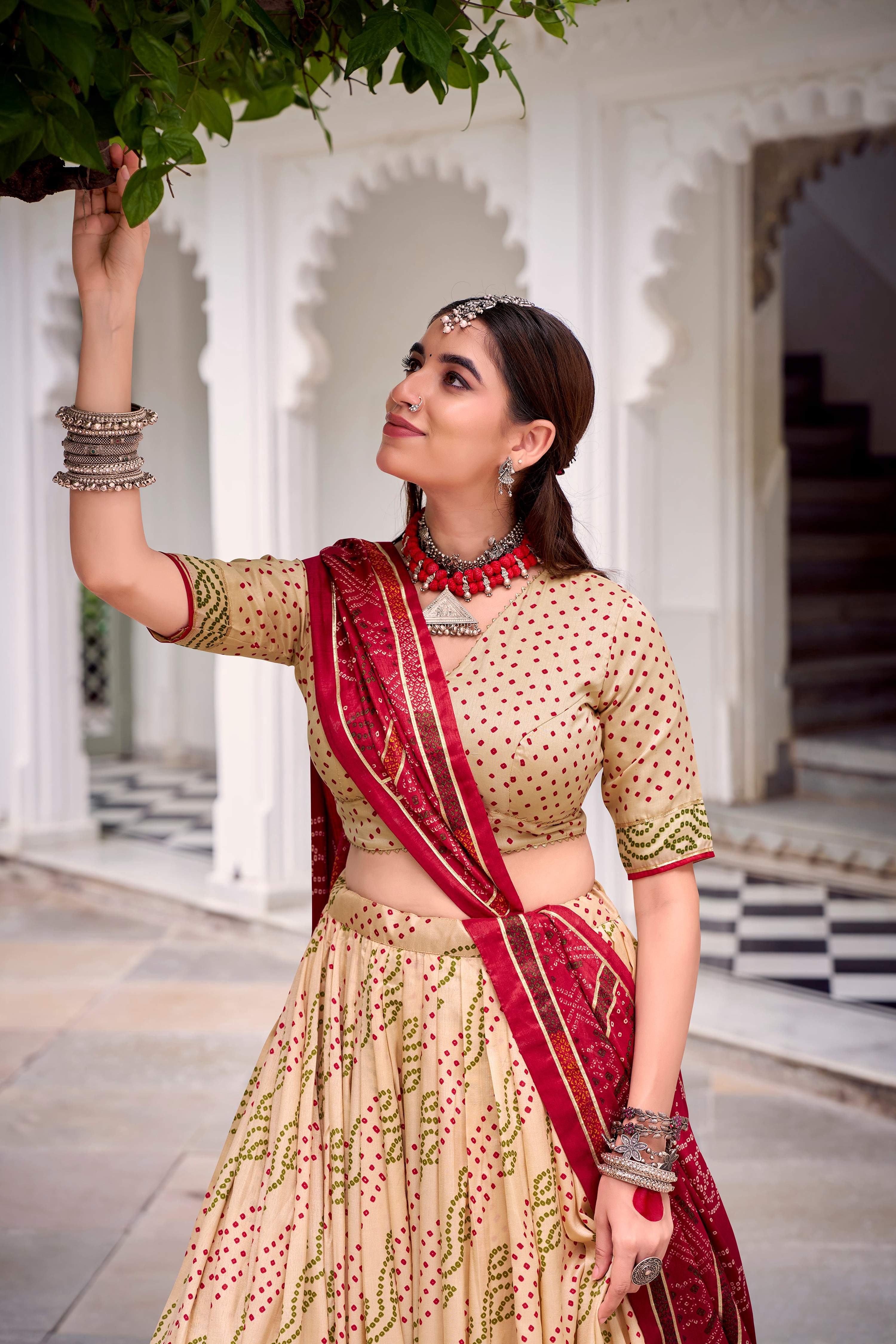 Evanik Offwhite Tassa Silk With Bandhej Print Lehenga Choli - Image 5