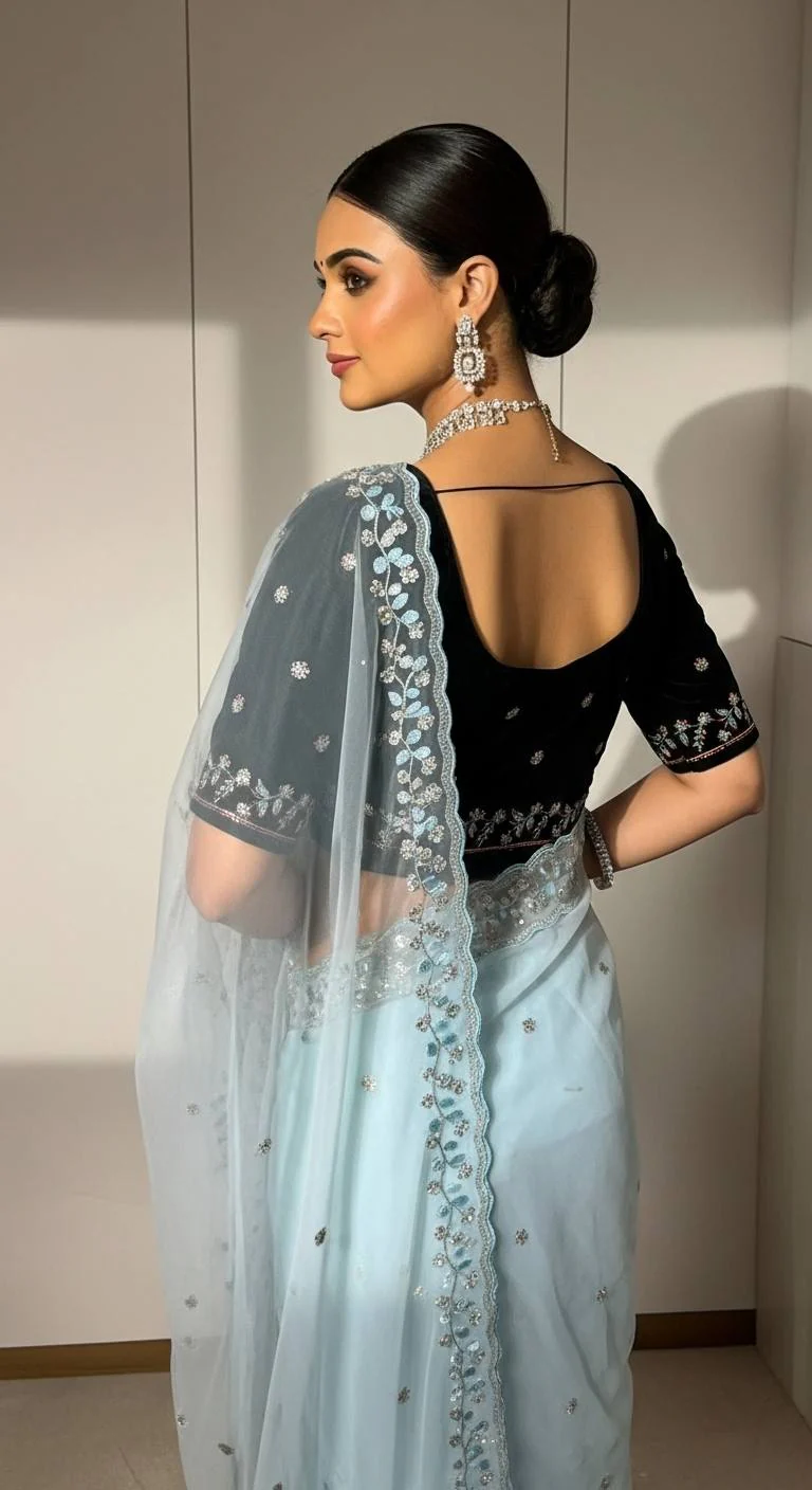 Evanik Skyblue Faux Georgette With Beads & Thread Work Saree With Unstitched Blouse - Image 3