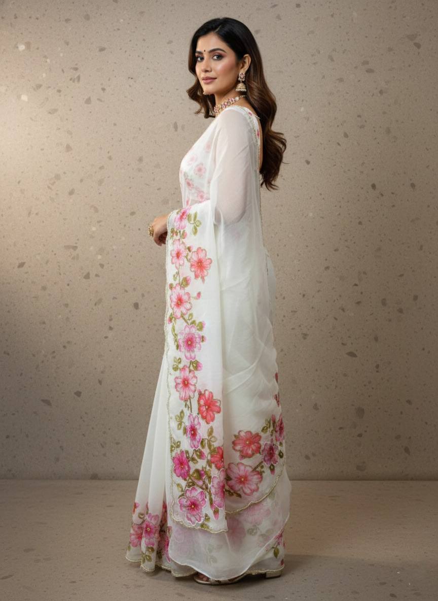 Evanik Soft Crystal Organza With Floral Print With Pearls And Pipe Hand Work Saree With Unstitched Blouse - Image 2