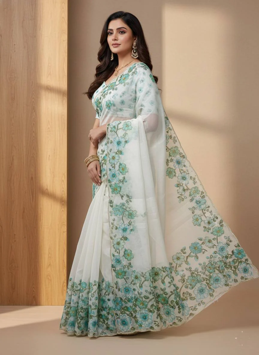 Evanik Soft Crystal Organza With Floral Print With Pearls And Pipe Hand Work Saree With Unstitched Blouse - Image 2