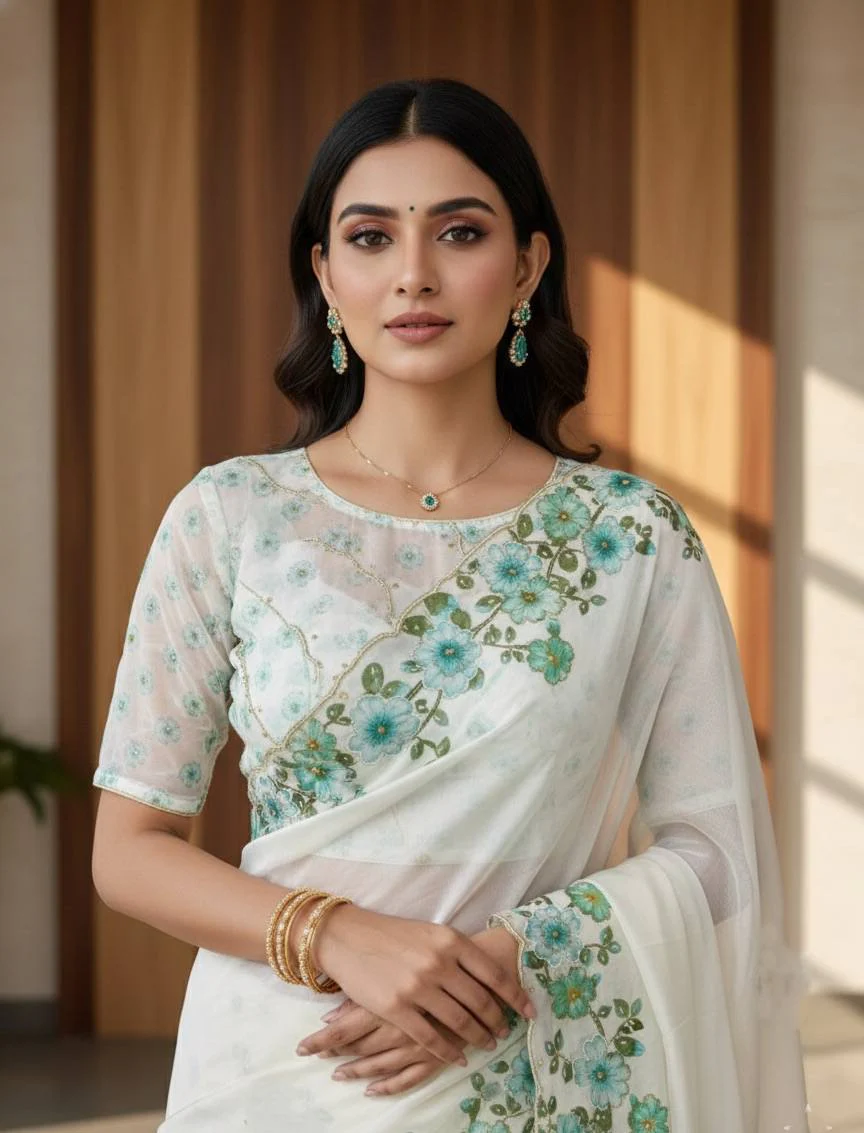 Evanik Soft Crystal Organza With Floral Print With Pearls And Pipe Hand Work Saree With Unstitched Blouse - Image 6