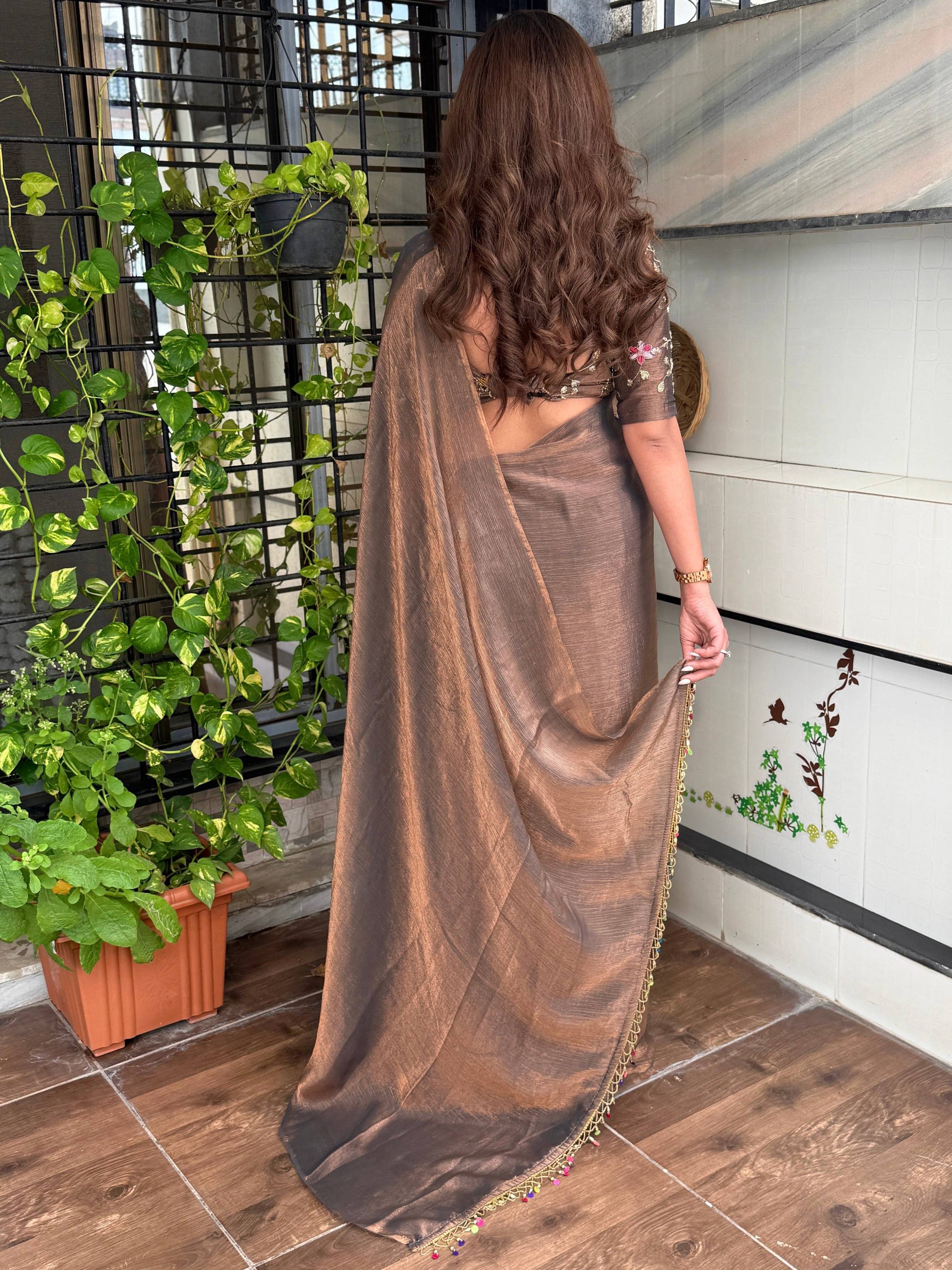 Evanik Soft Fandy Chiffon Beads Embroidered Work Party Wear Saree With Blouse - Image 3