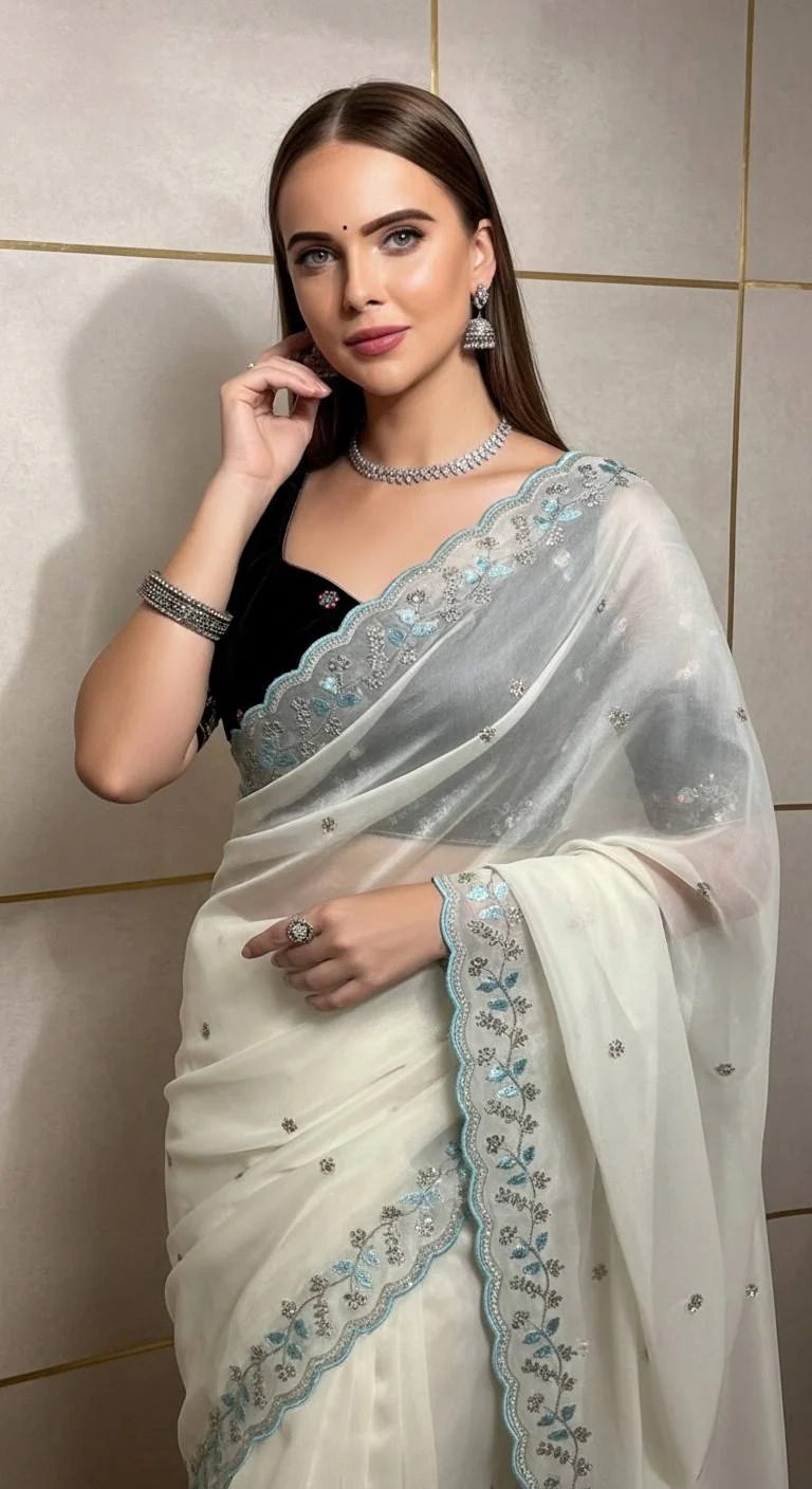 Evanik White Faux Georgette With Beads & Thread Work Saree With Unstitched Blouse - Image 2