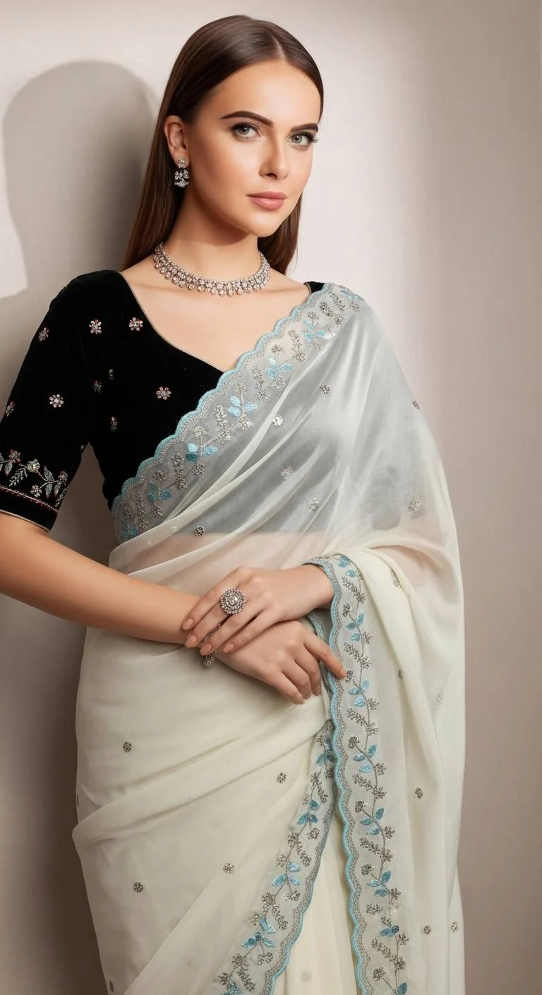Evanik White Faux Georgette With Beads & Thread Work Saree With Unstitched Blouse - Image 6