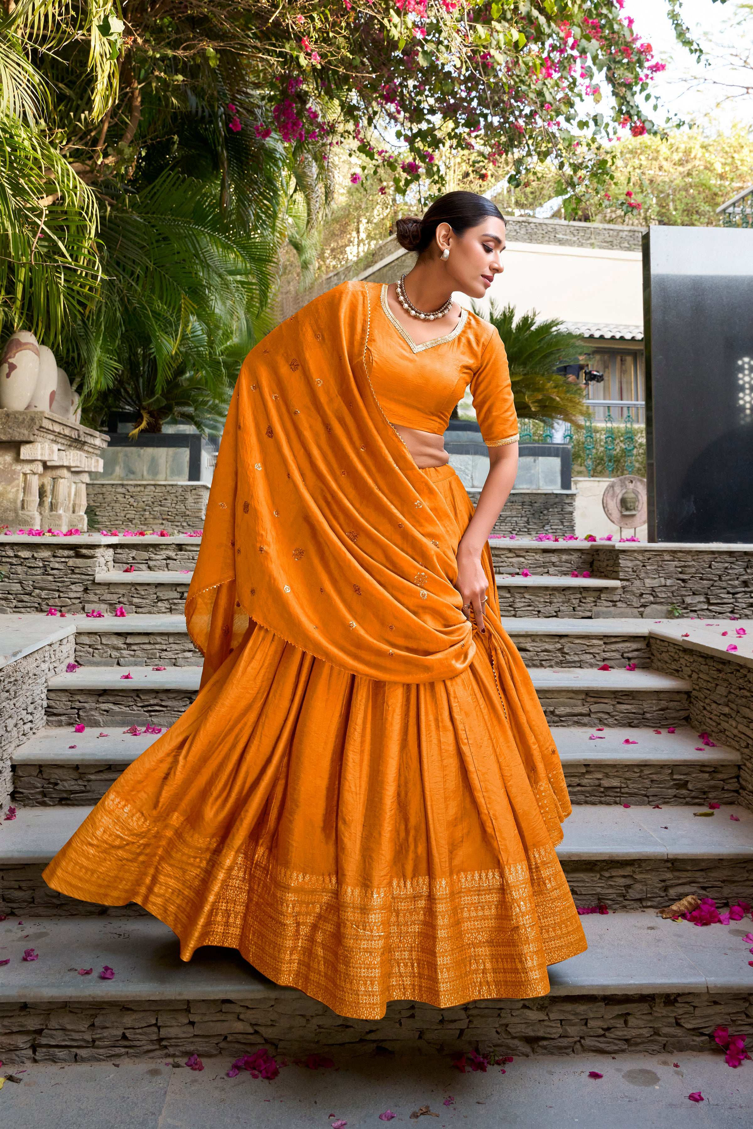 Evanik Women Pure Chanderi Plain With Zari Weaving Work Border Stitched Lehenga With Unstitched Blouse Dupatta - Image 3