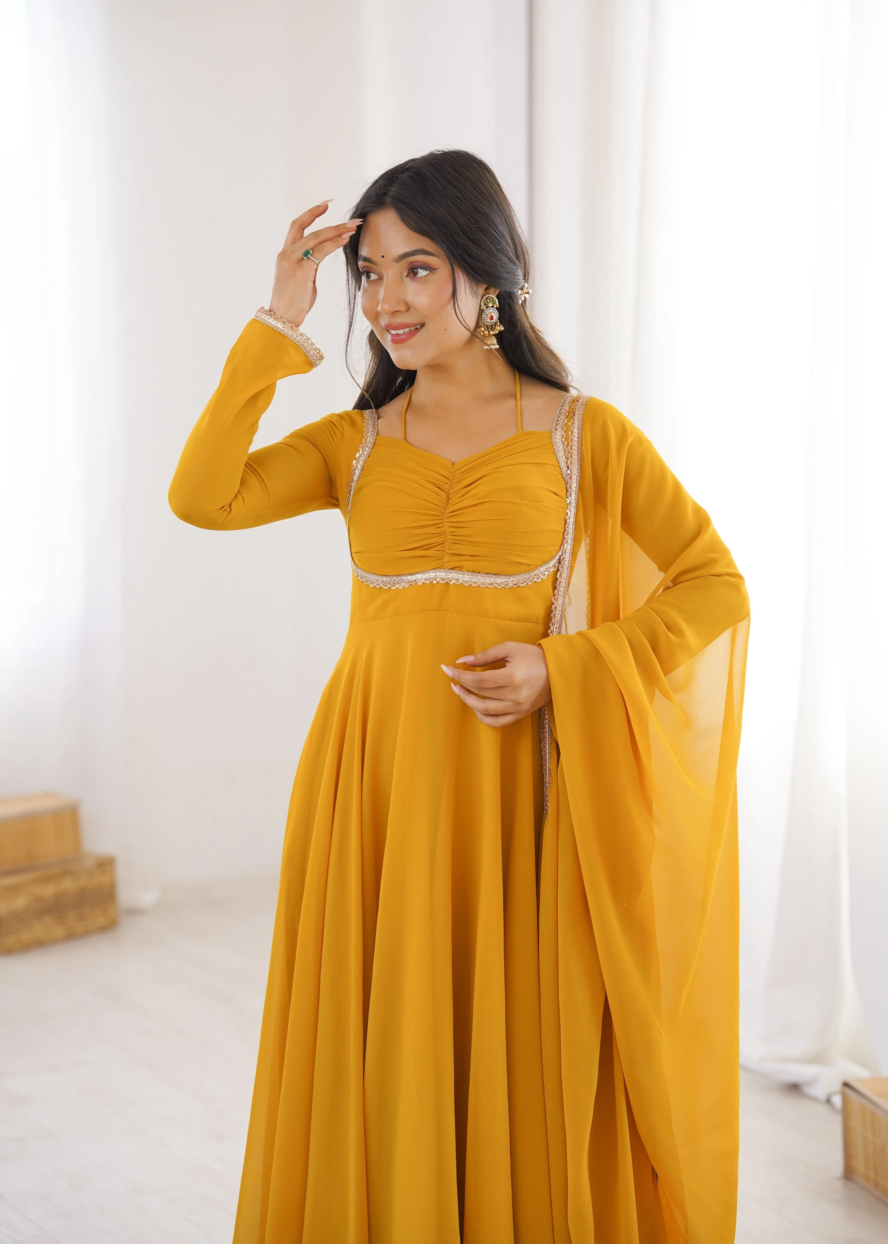 Evanik Yellow Georgette Plain Fully Flair Gown Dupatta - Image 3