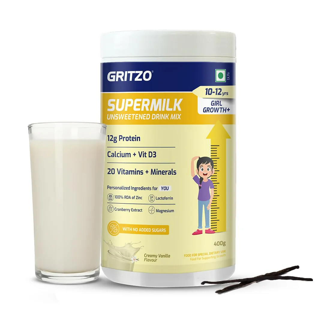 Gritzo SuperMilk Growth+ (Formerly Height+) Unsweetened Drink Mix (10-12y Girls) 12g Protein Powder - Creamy Vanilla