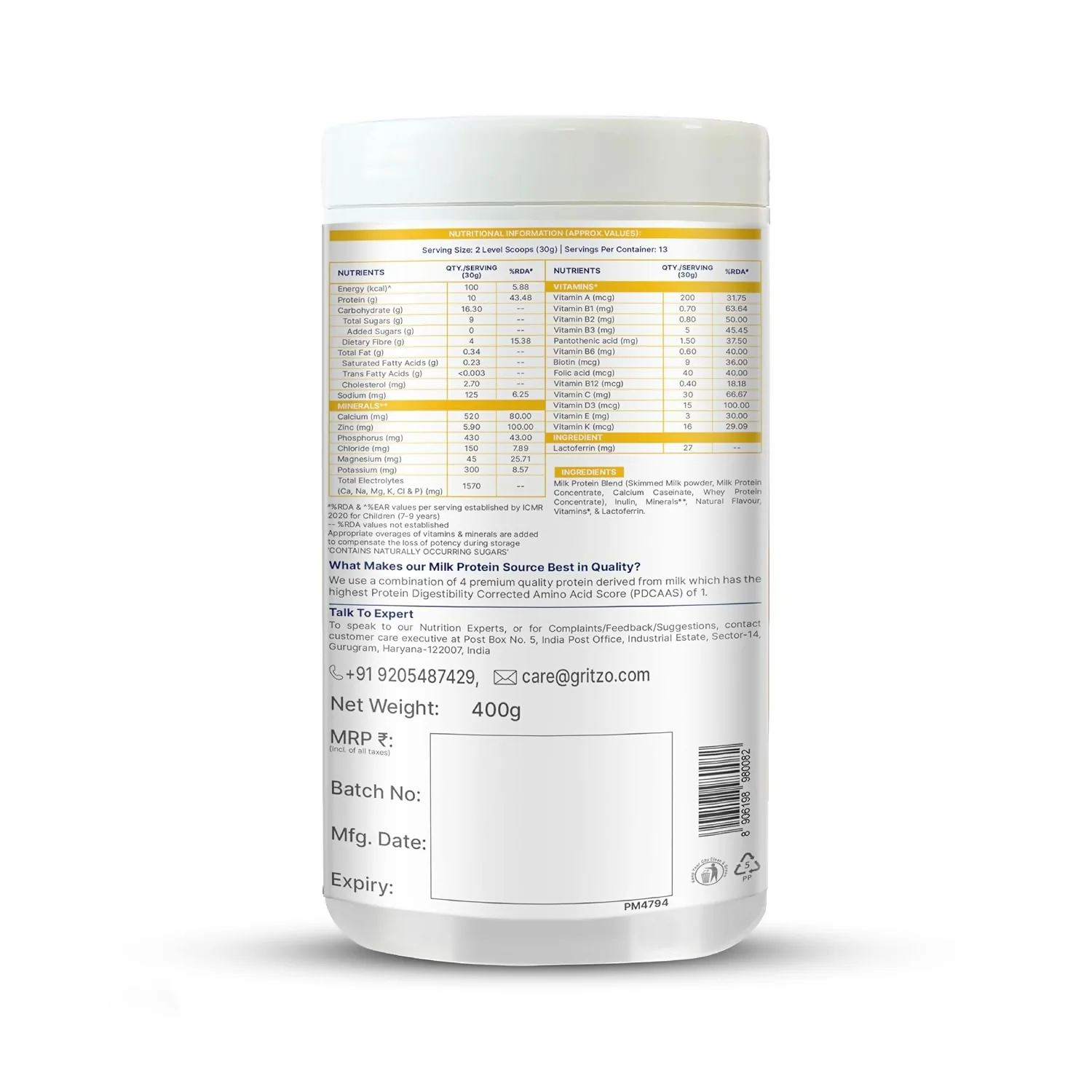 Gritzo SuperMilk Growth+ (Formerly Height+) Unsweetened Drink Mix (7-12y Boys), 10g Protein Powder (Creamy Vanilla) - Image 3