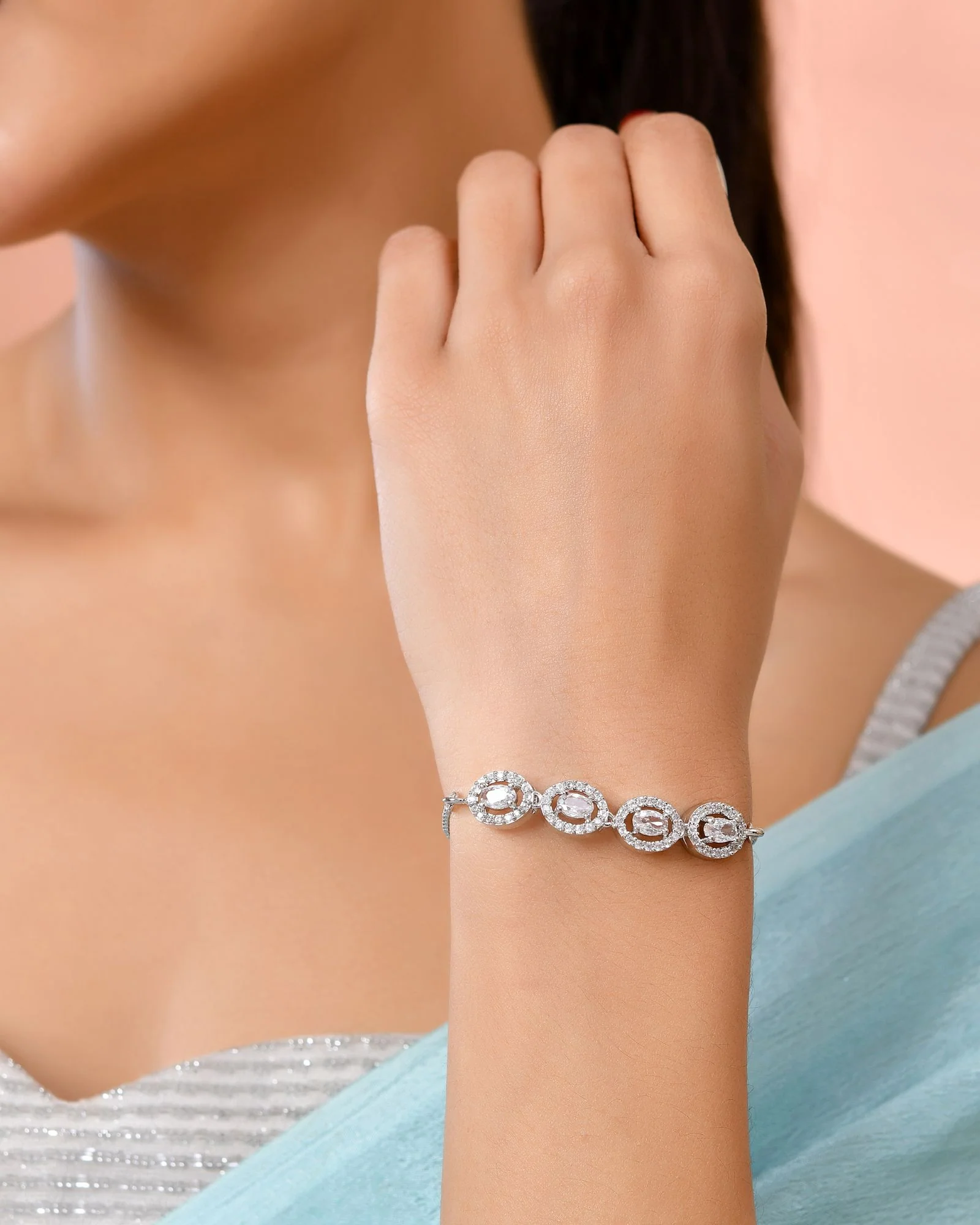 Jewels Nest Classic Oval White Stone Diamond-Style Adjustable Bracelet - Image 2