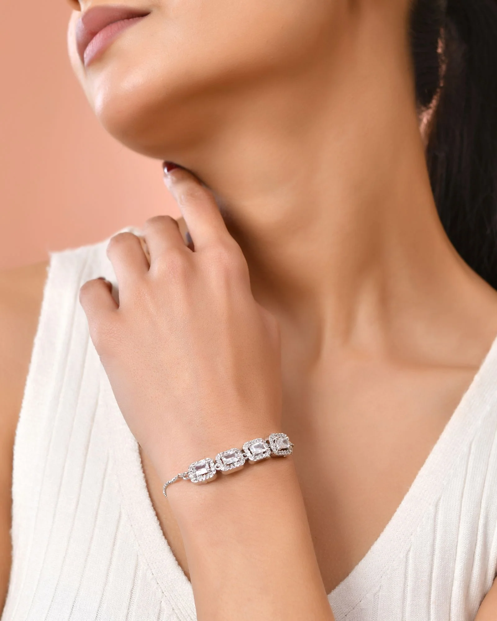Jewels Nest Classic White Square Stone Diamond-Style Adjustable Bracelet - Image 2