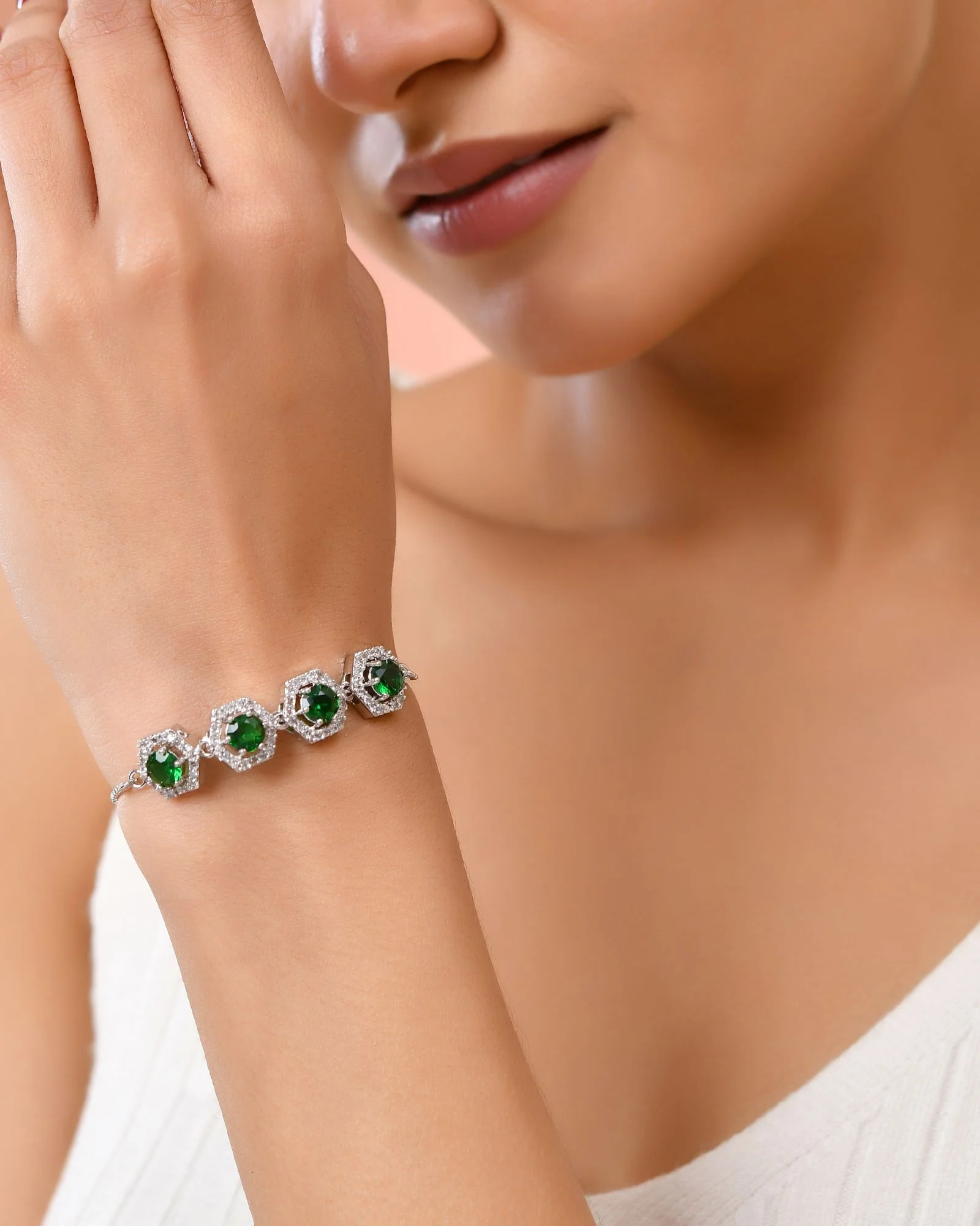 Jewels Nest Emerald Green Stone Diamond-Style Adjustable Bracelet - Image 2