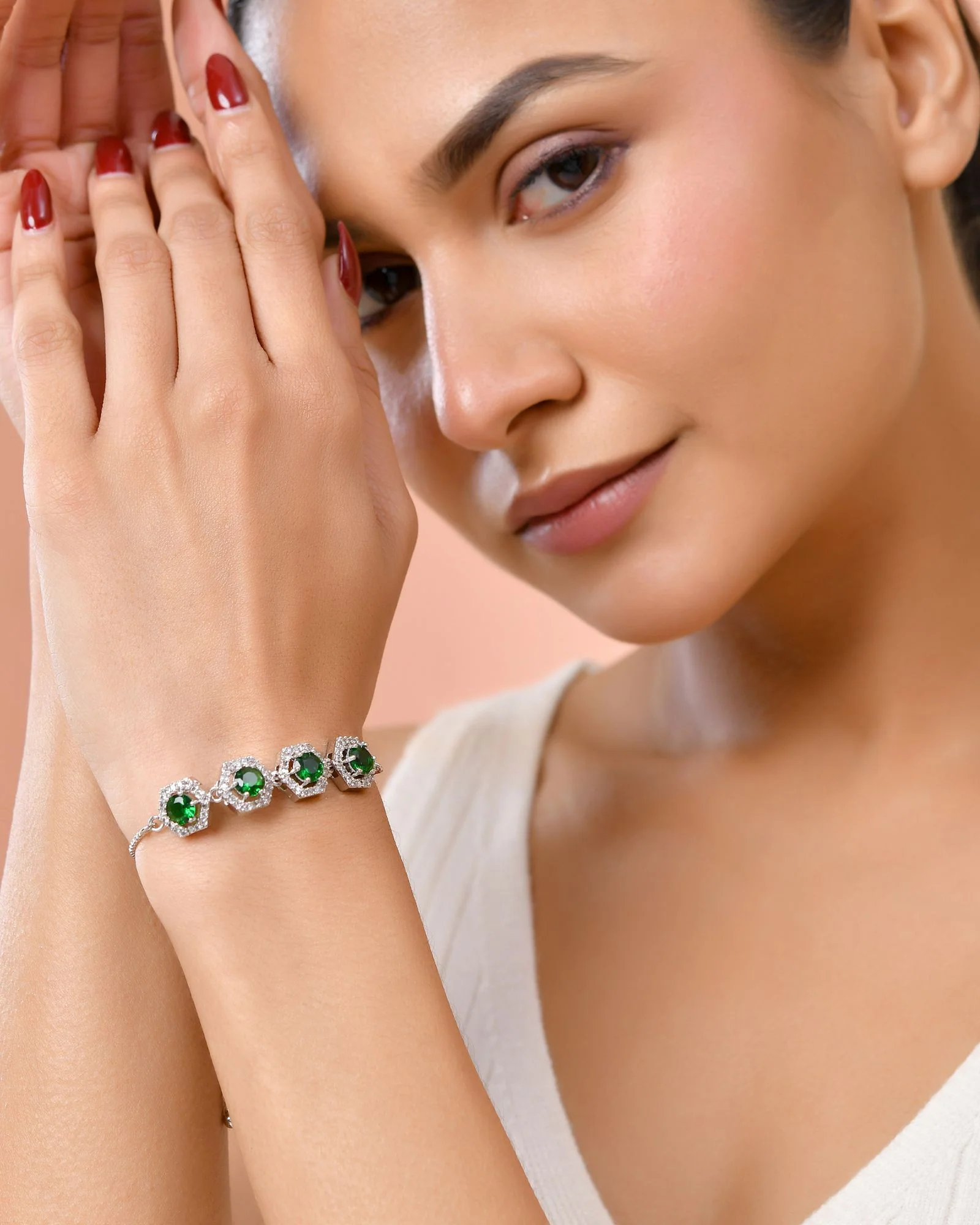 Jewels Nest Emerald Green Stone Diamond-Style Adjustable Bracelet - Image 3