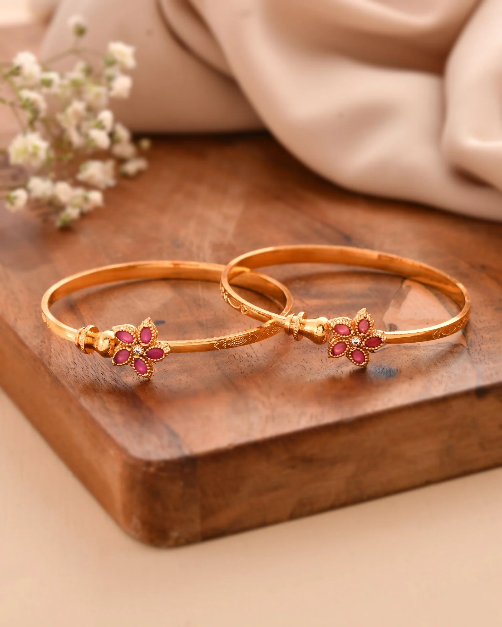 Jewels Nest Gold Finish Floral Stone Bangles For Women | Traditional Designer Pair