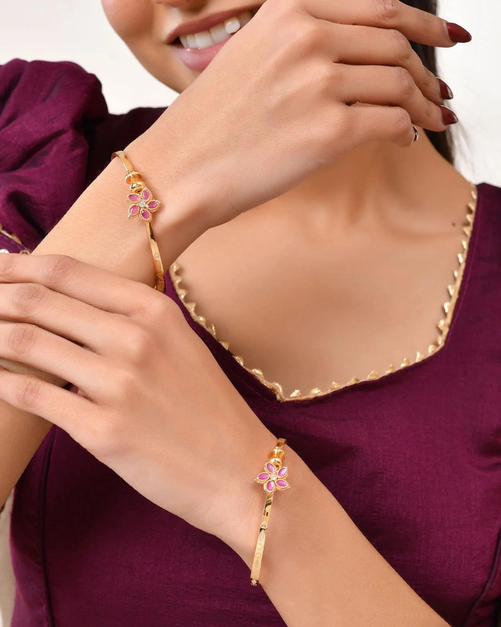 Jewels Nest Gold Finish Floral Stone Bangles For Women | Traditional Designer Pair - Image 2