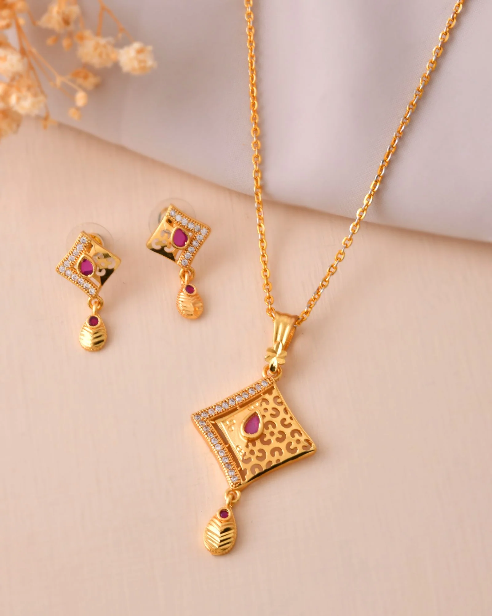 Jewels Nest Gold Finish Square Pendant Necklace Set With Stone Stud Earrings For Women