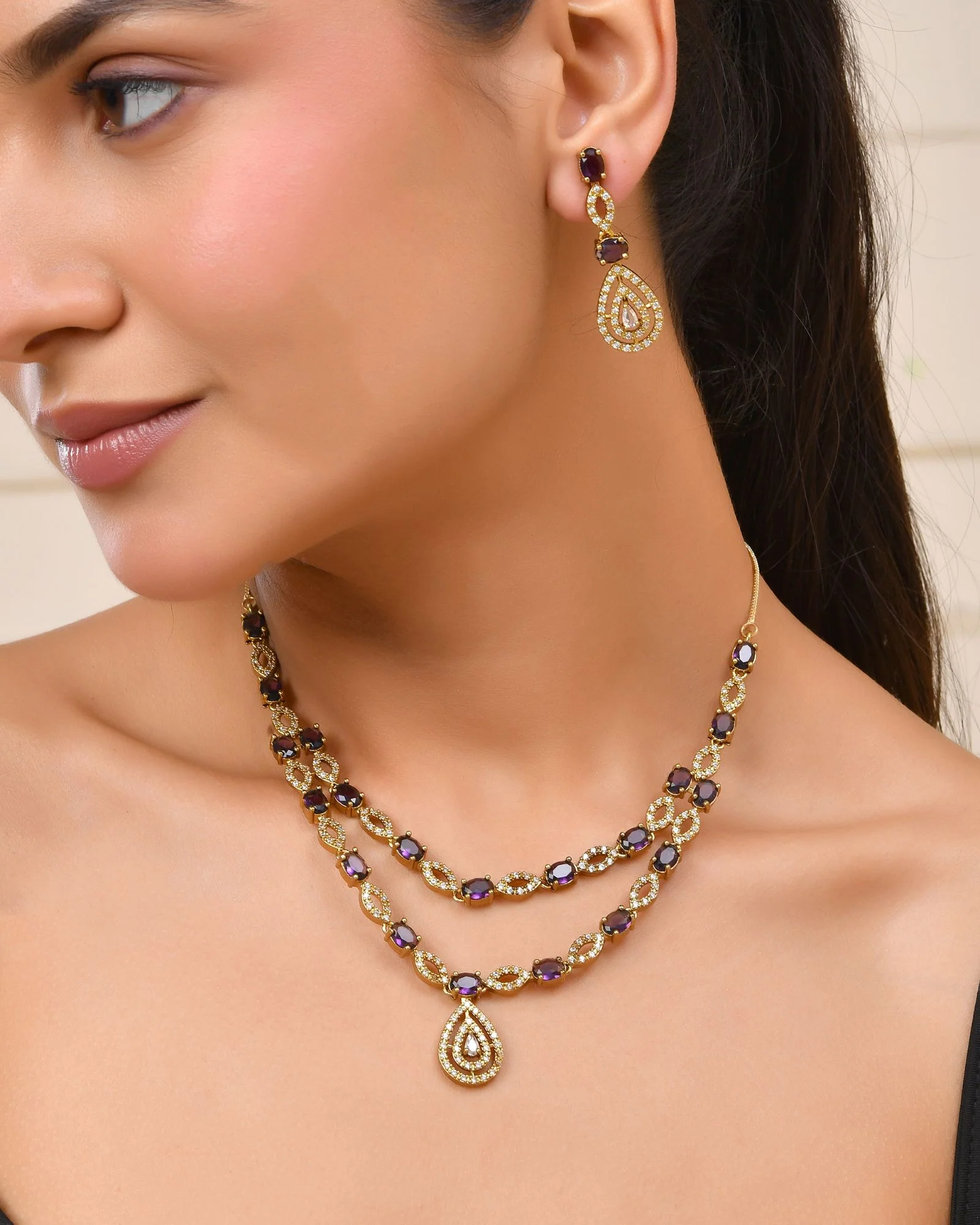 Jewels Nest Gold-Plated American Diamond (Ad) Purple Stone Teardrop Necklace Set With Matching Earrings - Image 3