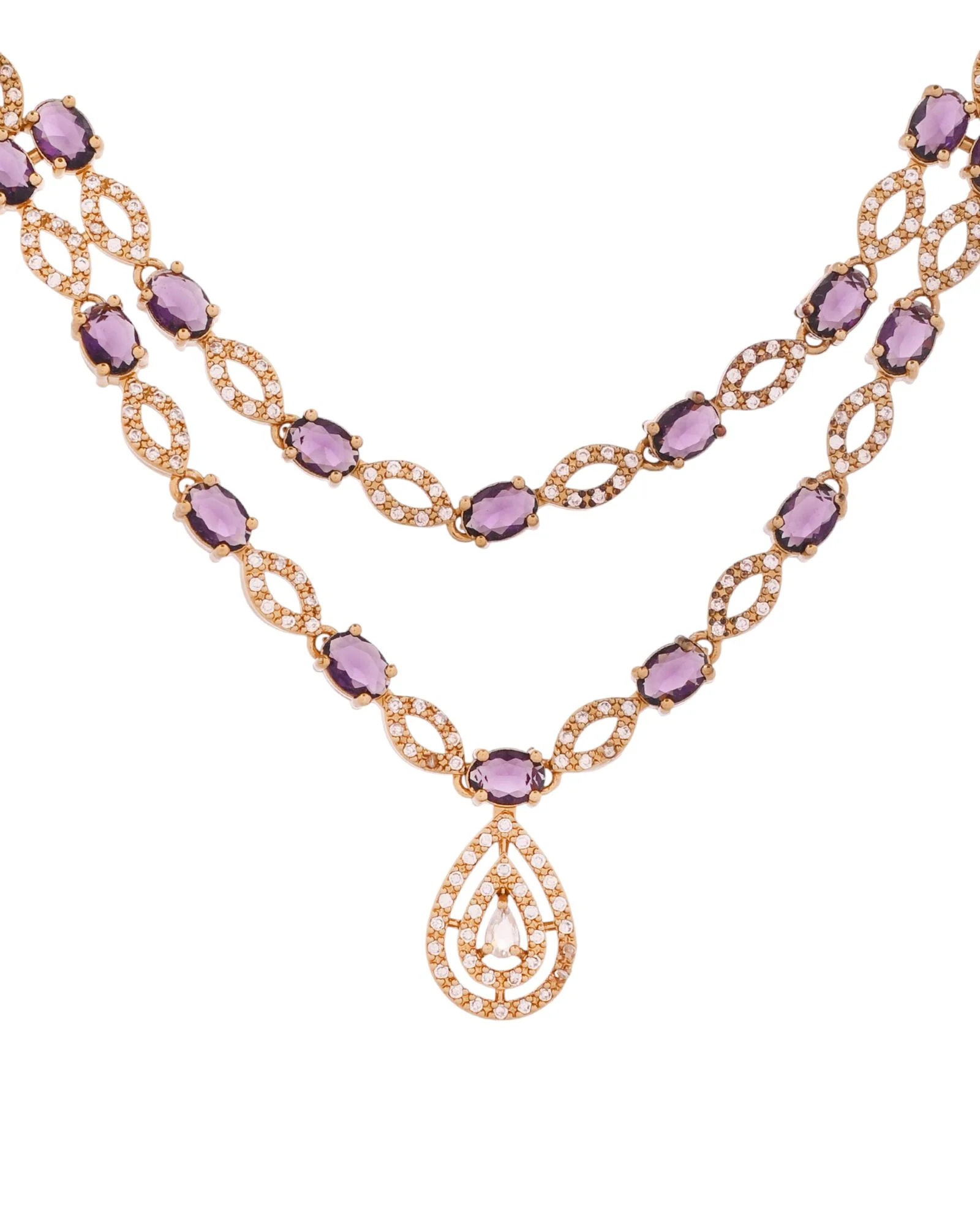 Jewels Nest Gold-Plated American Diamond (Ad) Purple Stone Teardrop Necklace Set With Matching Earrings - Image 4