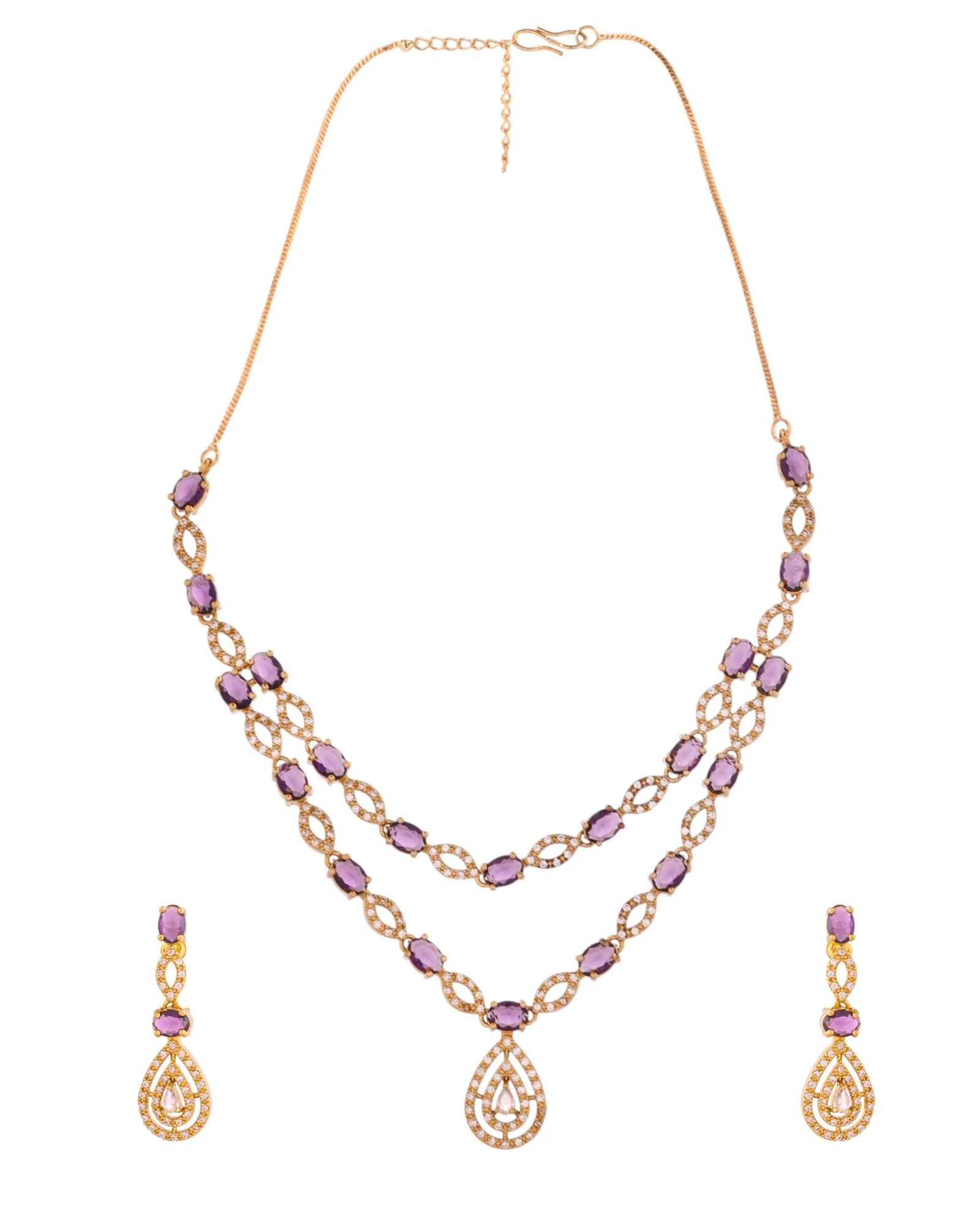 Jewels Nest Gold-Plated American Diamond (Ad) Purple Stone Teardrop Necklace Set With Matching Earrings - Image 5