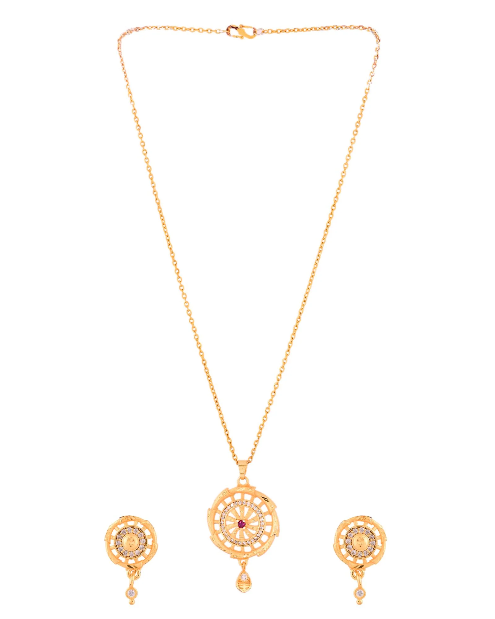 Jewels Nest Gold-Plated Circular Stone Pendant Necklace Set With Matching Earrings For Women - Image 3