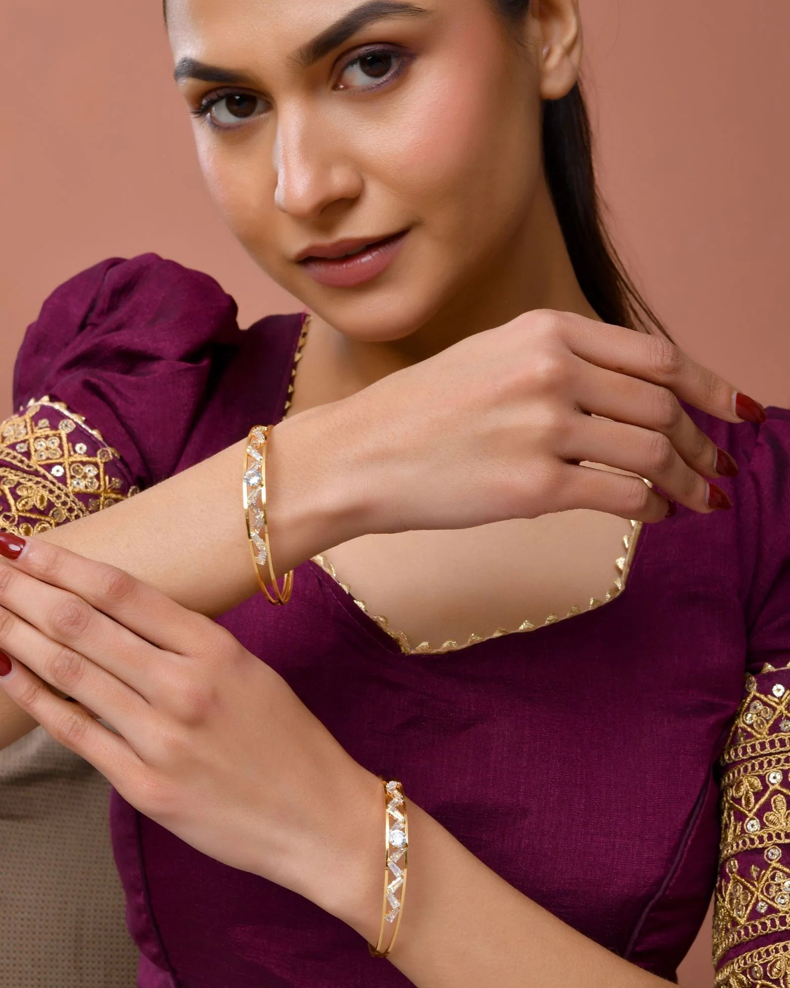 Jewels Nest Gold-Plated Crystal Studded Adjustable Bangle Set For Women - Image 3