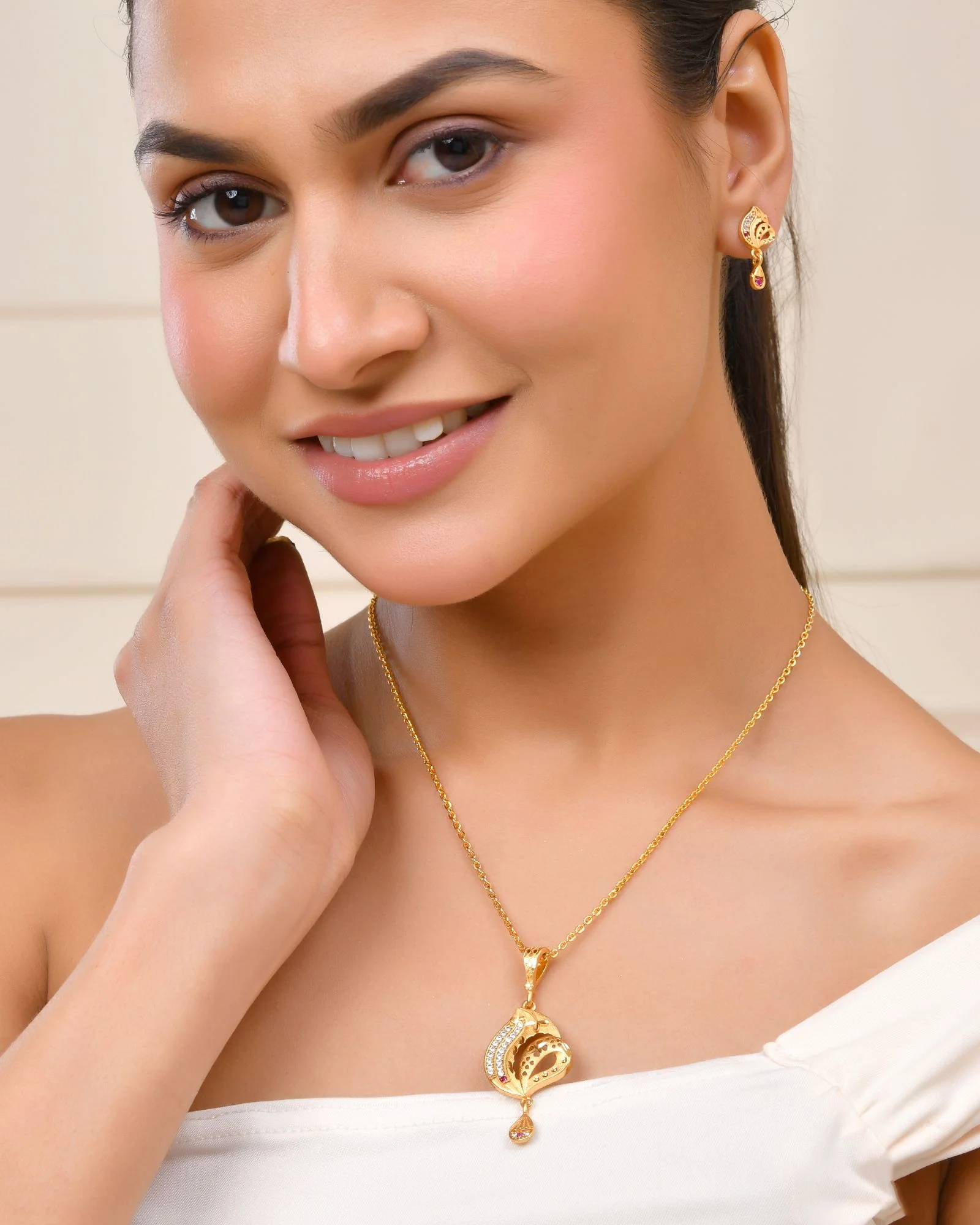 Jewels Nest Gold-Plated Designer Pendant Necklace Set With Matching Drop Earrings For Women - Image 2