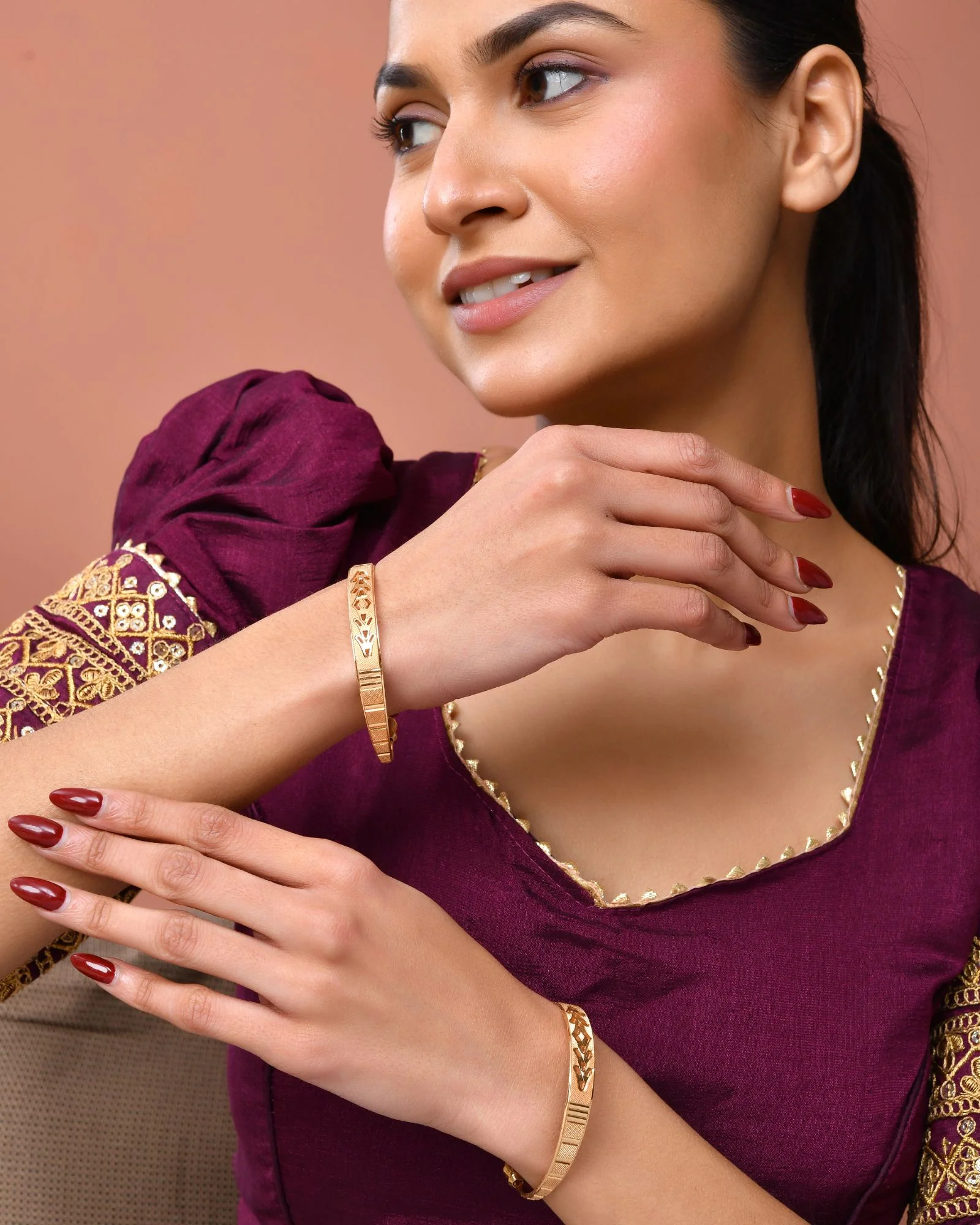 Jewels Nest Gold Plated Engraved Pattern Bangles For Women | Elegant Traditional Design Pair - Image 2