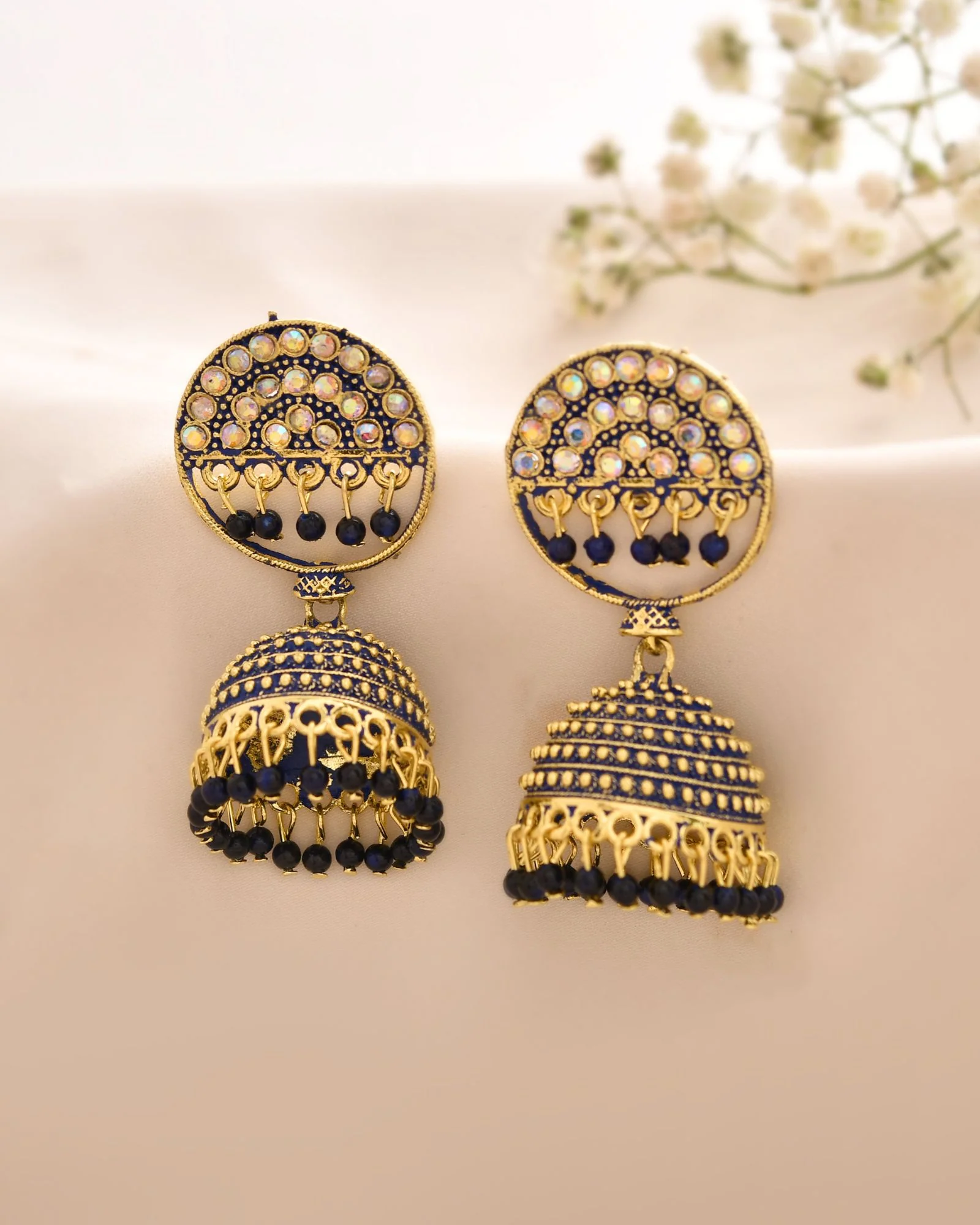 Jewels Nest Gold Plated Kundan Dark Blue Dome Jhumka Earrings With Beads For Women