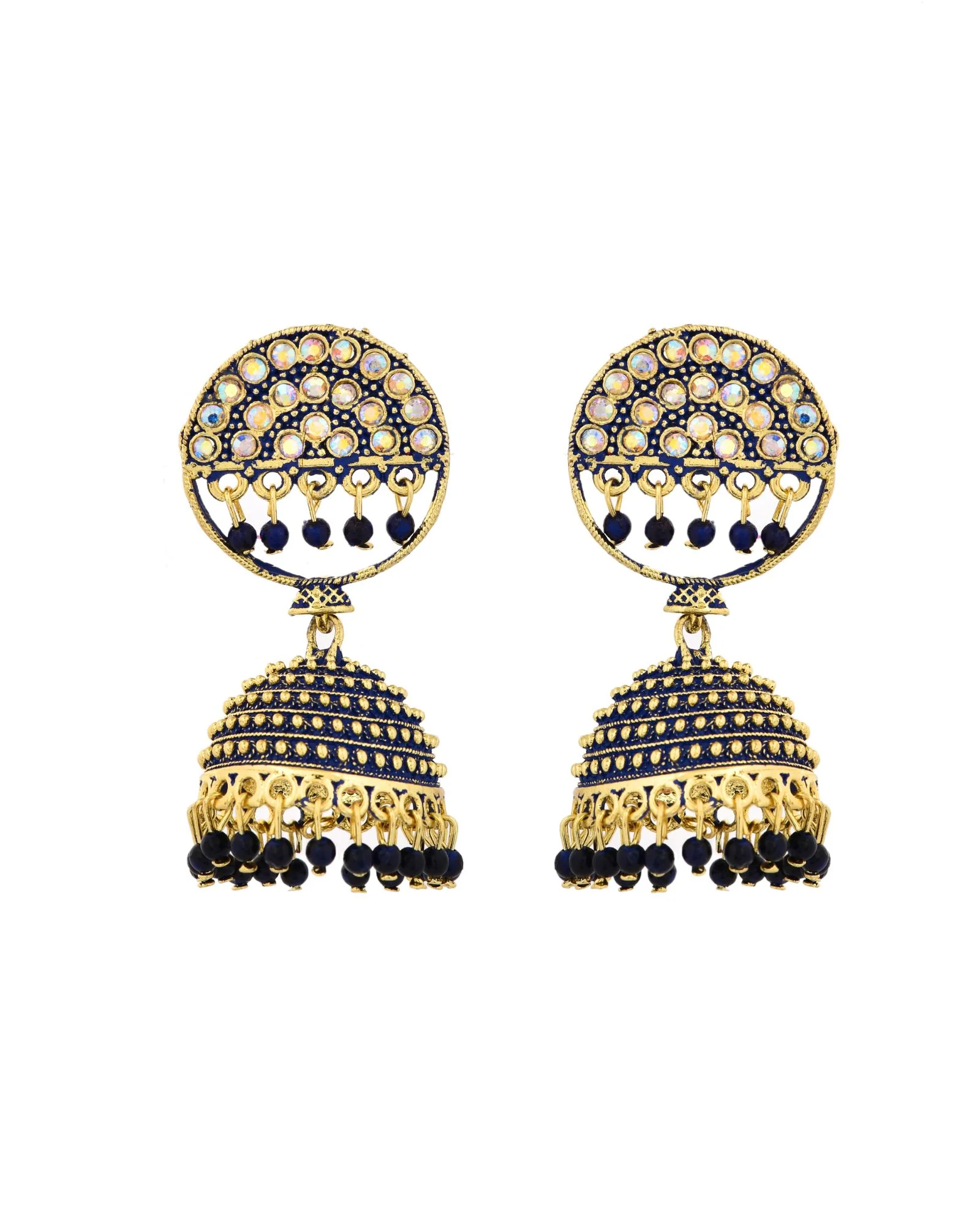Jewels Nest Gold Plated Kundan Dark Blue Dome Jhumka Earrings With Beads For Women - Image 4
