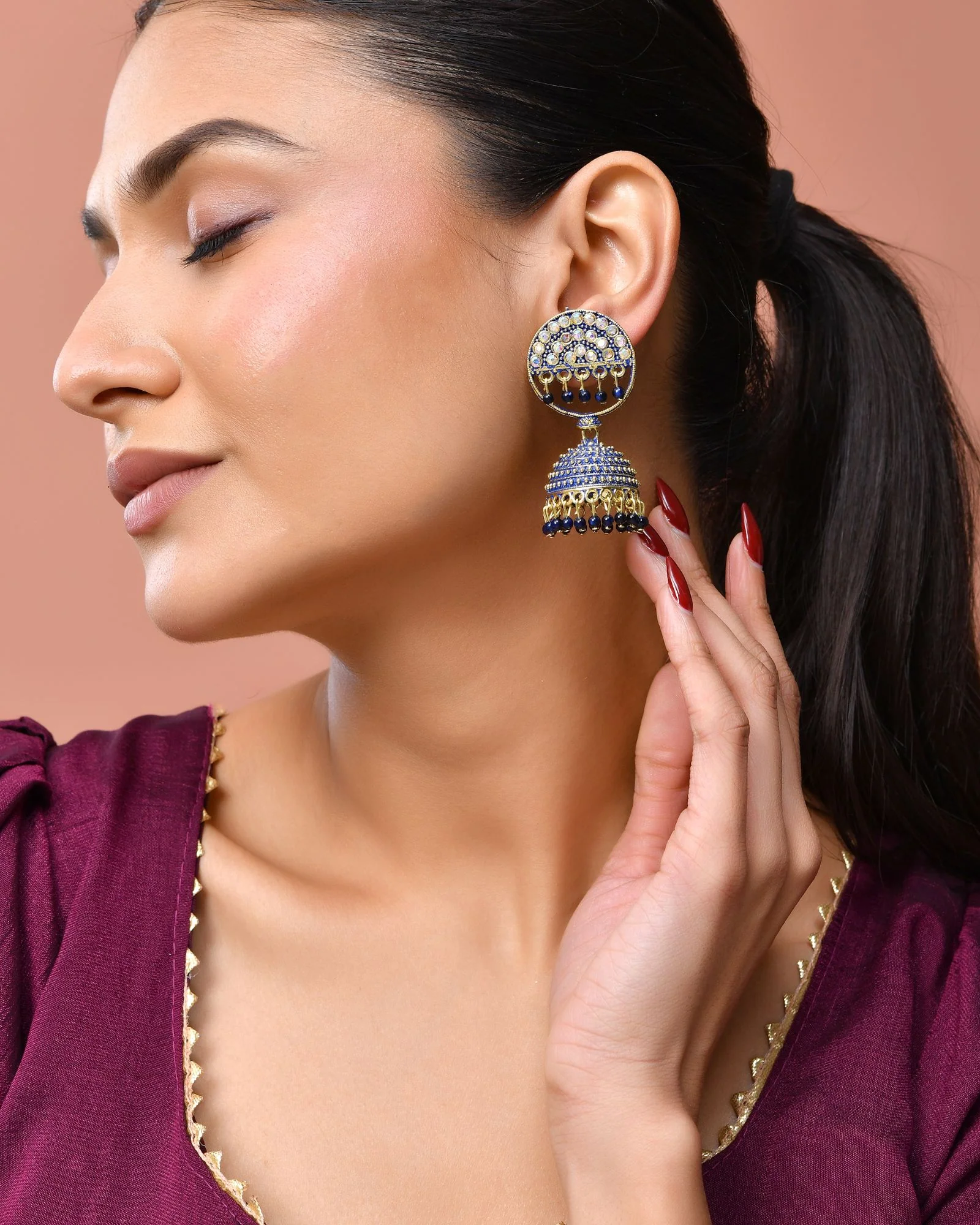 Jewels Nest Gold Plated Kundan Dark Blue Dome Jhumka Earrings With Beads For Women - Image 5