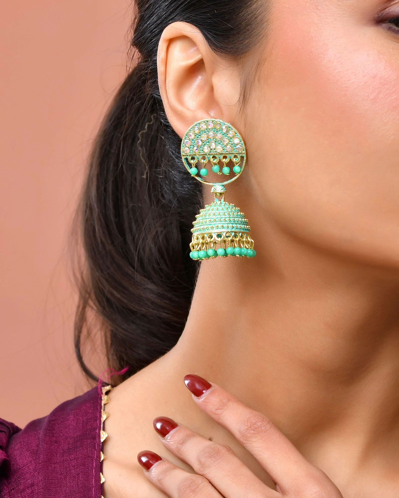 Jewels Nest Gold Plated Kundan Green Dome Jhumka Earrings With Beads For Women - Image 2