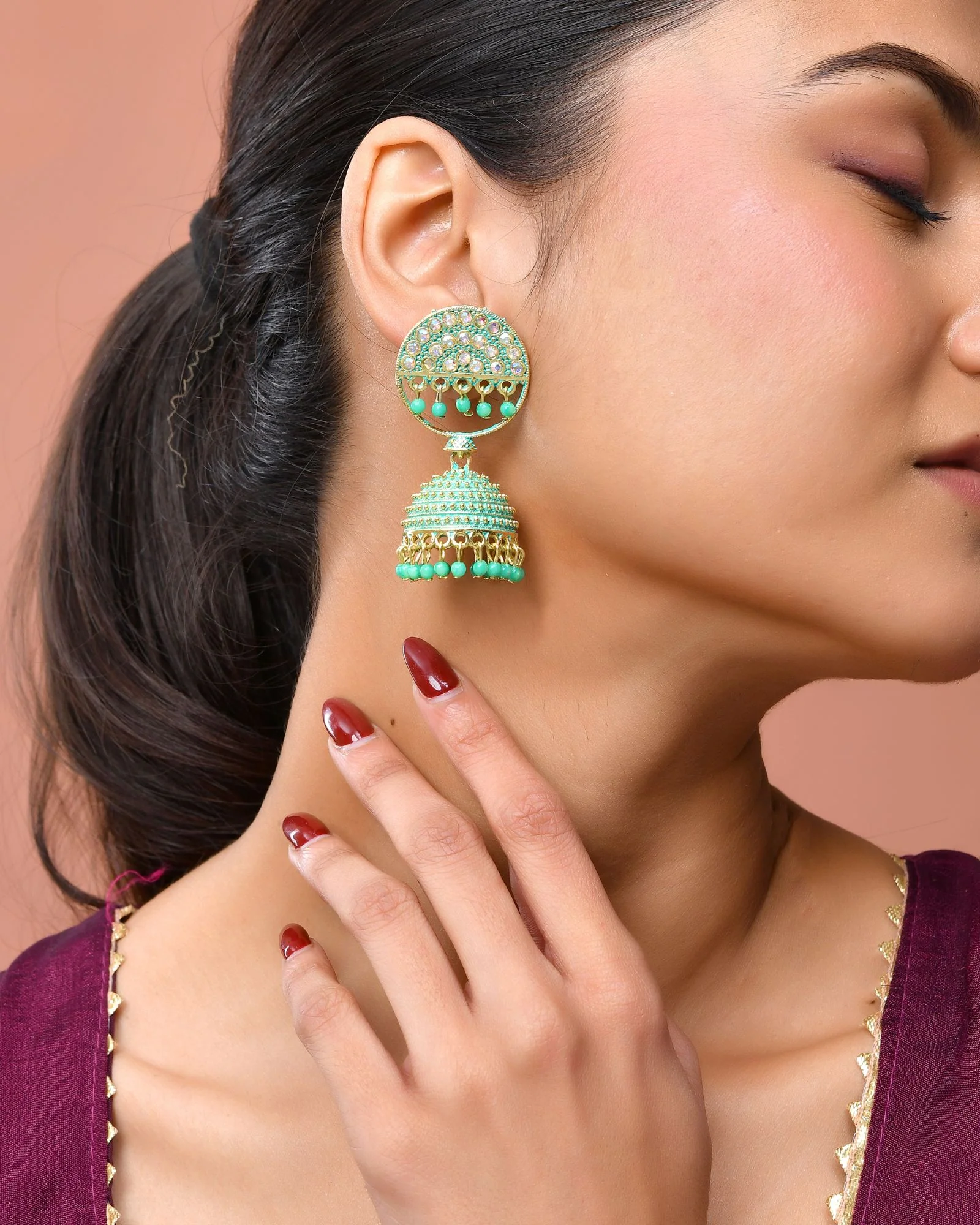 Jewels Nest Gold Plated Kundan Green Dome Jhumka Earrings With Beads For Women - Image 3