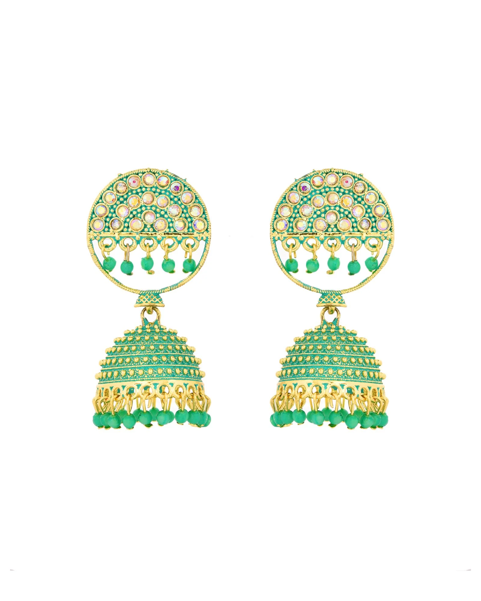 Jewels Nest Gold Plated Kundan Green Dome Jhumka Earrings With Beads For Women - Image 4