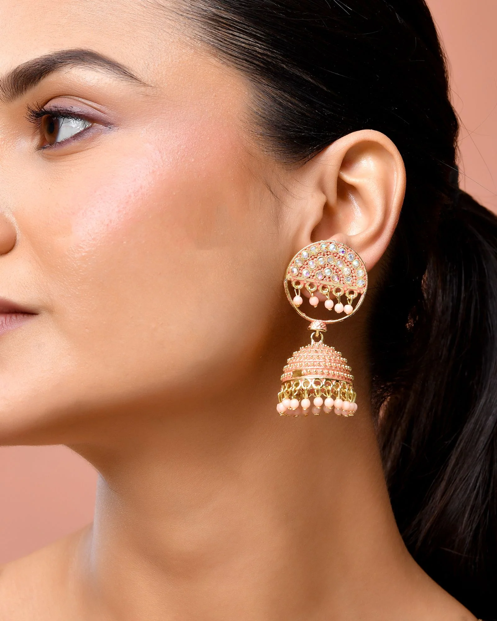 Jewels Nest Gold Plated Kundan Peach Dome Jhumka Earrings With Beads For Women - Image 3