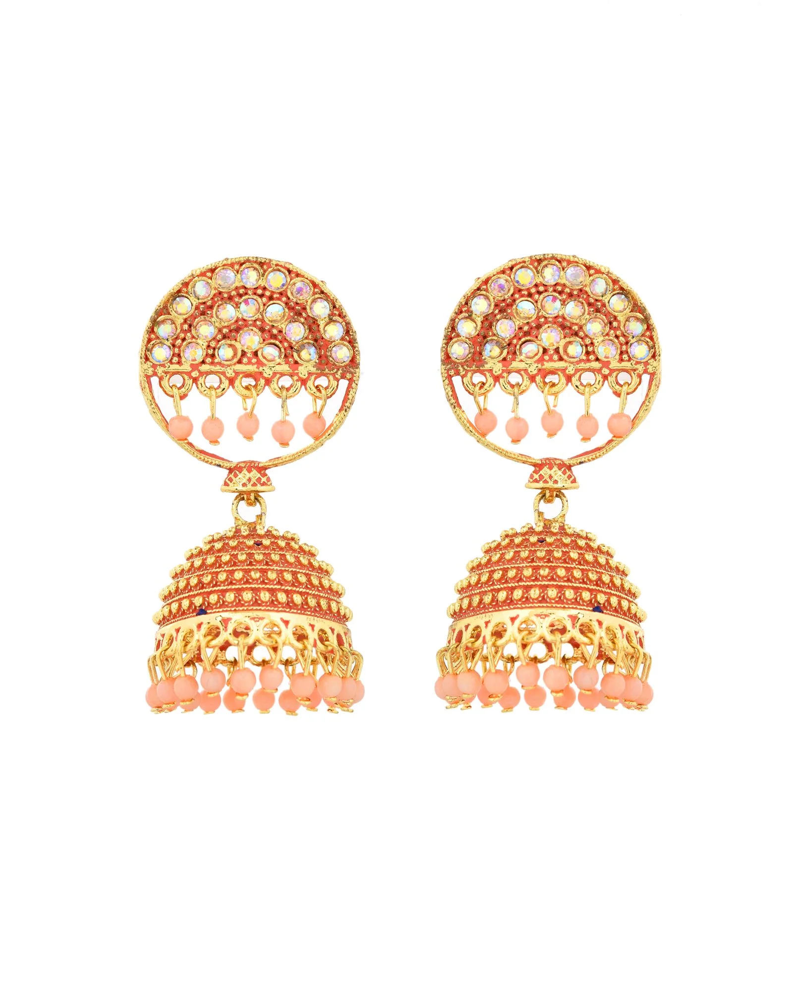 Jewels Nest Gold Plated Kundan Peach Dome Jhumka Earrings With Beads For Women - Image 4