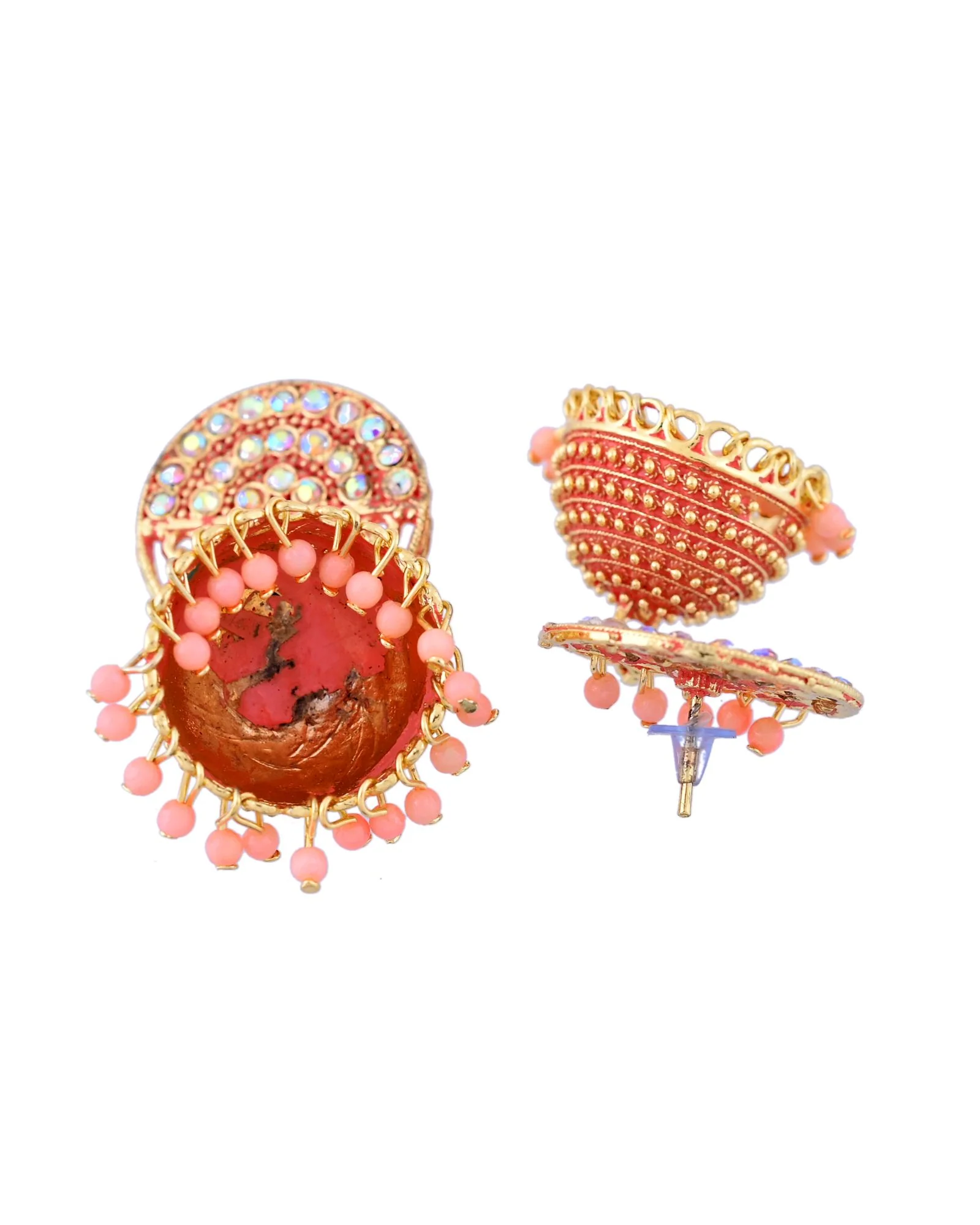 Jewels Nest Gold Plated Kundan Peach Dome Jhumka Earrings With Beads For Women - Image 5