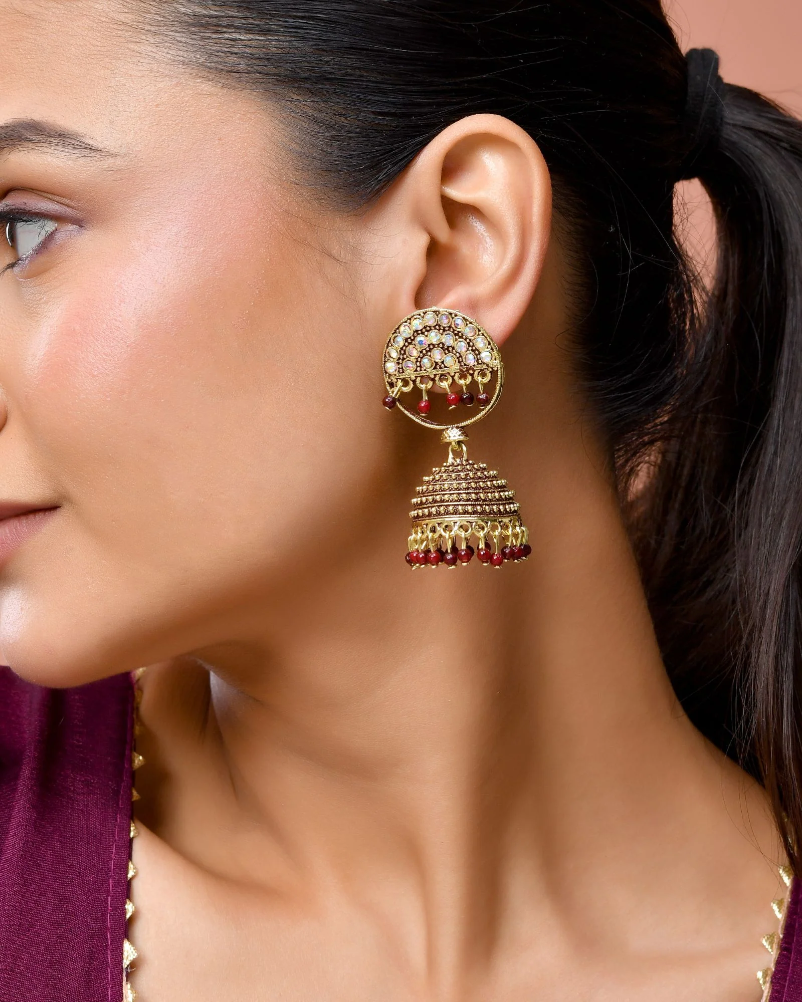 Jewels Nest Gold Plated Kundan Studded Maroon Bead Jhumka Earrings For Women - Image 3