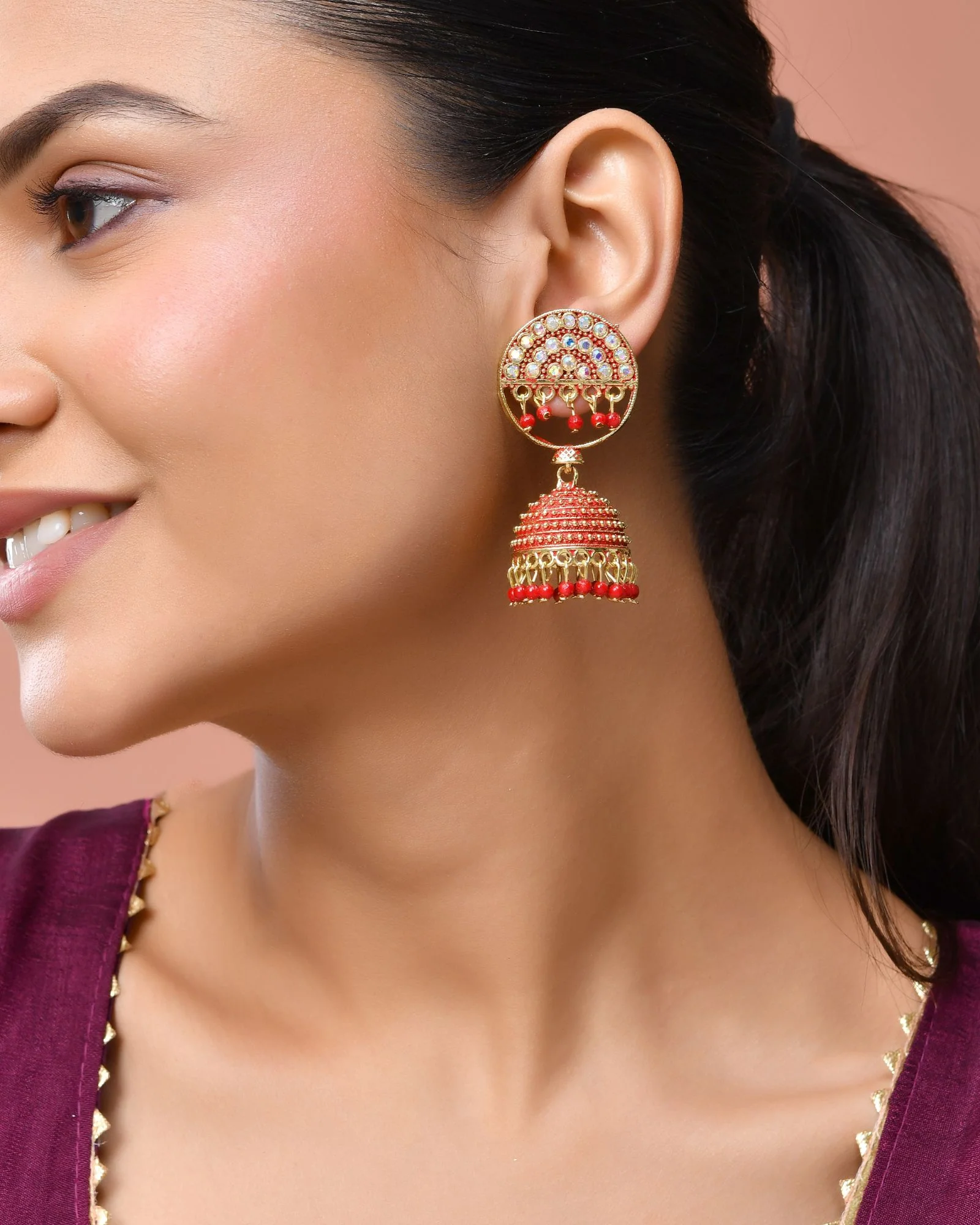 Jewels Nest Gold Plated Kundan Studded Red Bead Jhumka Earrings For Women - Image 3