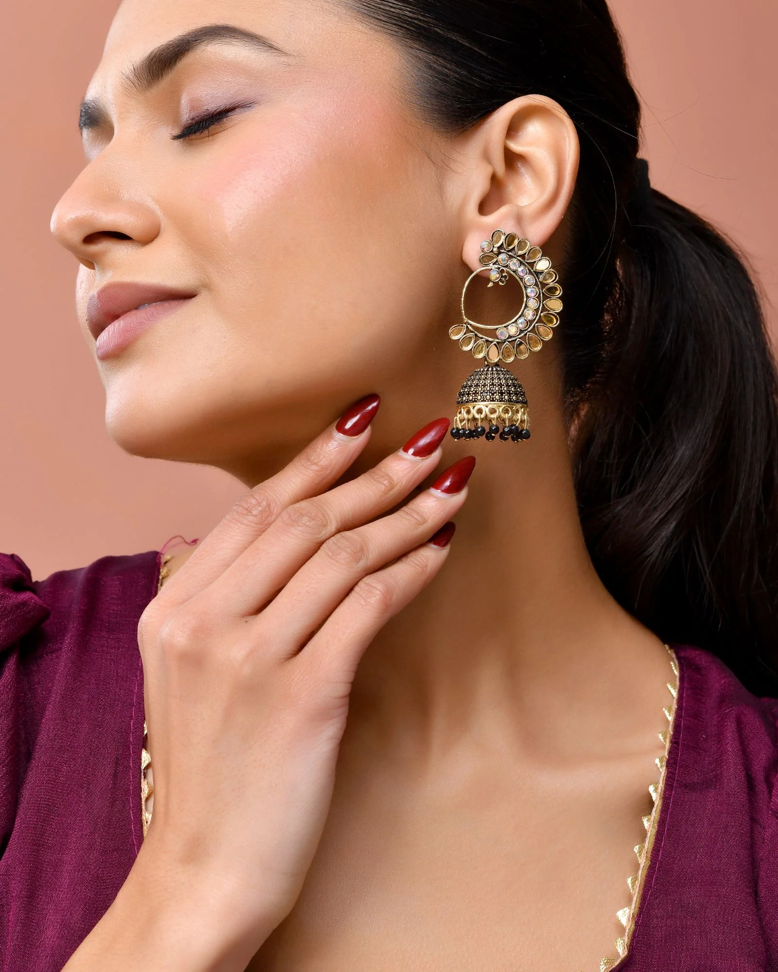 Jewels Nest Gold Plated Kundan Style Black Beaded Jhumka Earrings For Women - Image 3