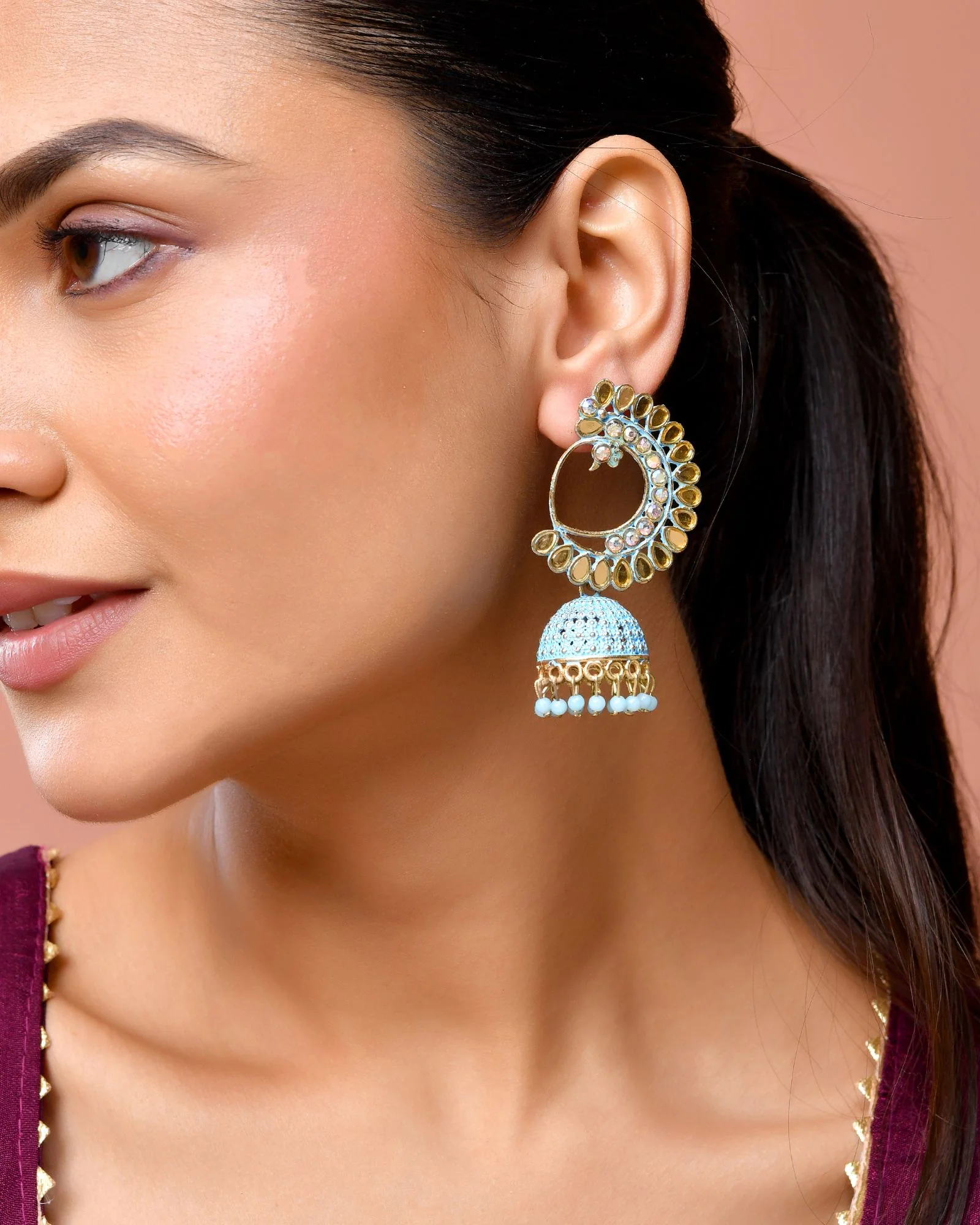Jewels Nest Gold Plated Kundan Style Blue Jhumka Earrings With Bead Drops For Women - Image 2